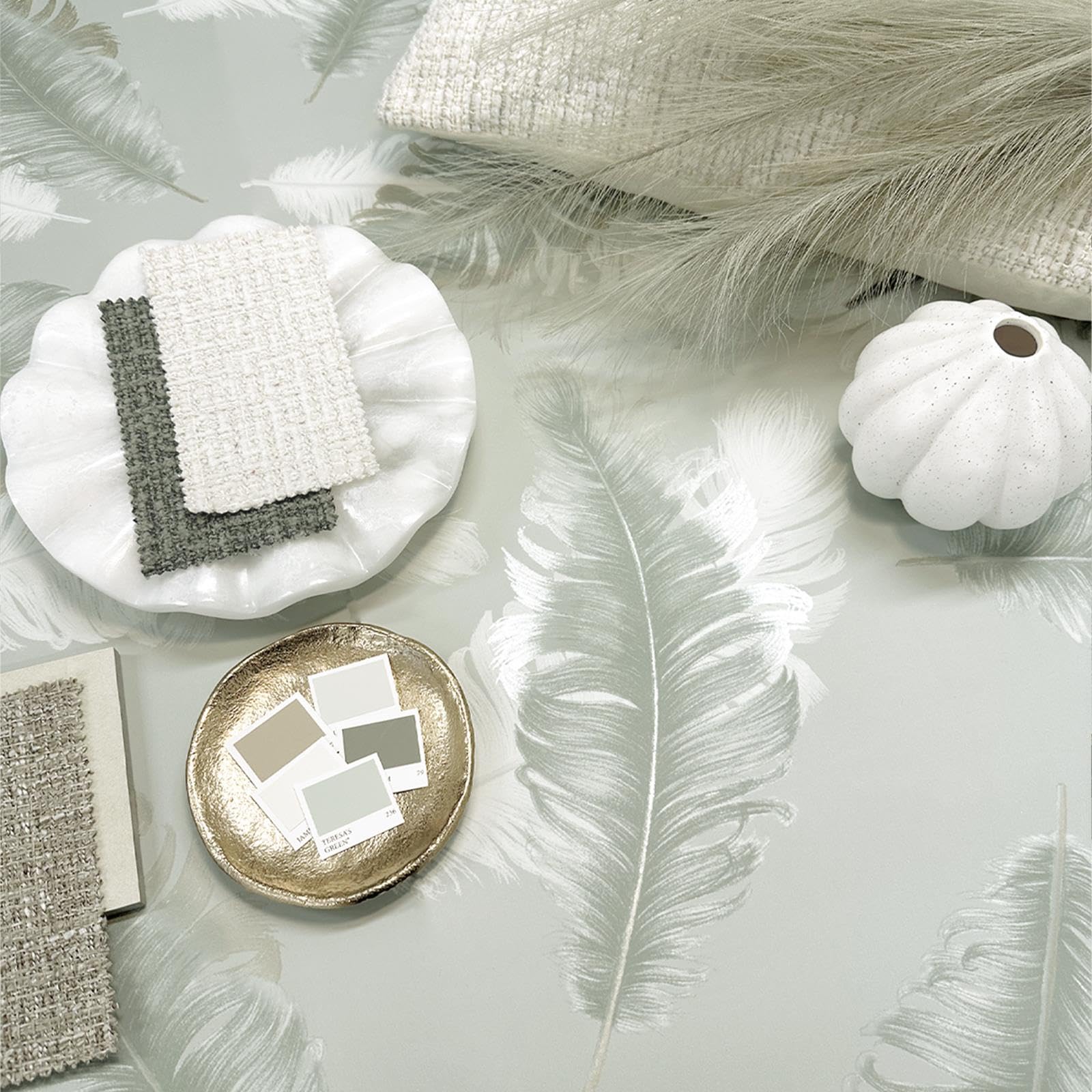 B&Q -  Sage Green Feather Wallpaper Smooth Finish Metallic Shimmer Feature Wall