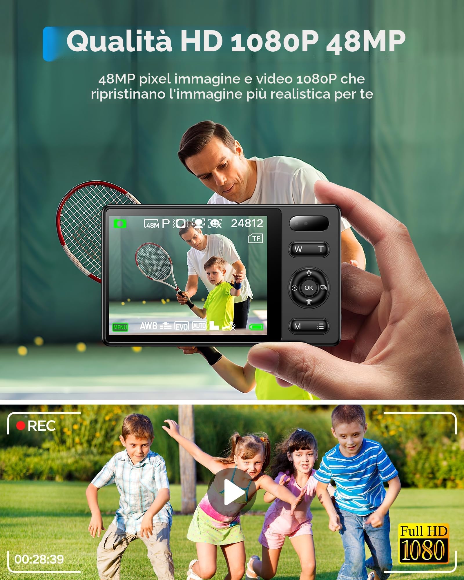 Fotocamera Digitale Bambini Compatta 64GB: 48MP Fotografica Anti-Shake Fotocamera Vlogging per YouTube 16X Digital Zoom Photo Filtrazione Ripresa Continuo Automessa a Fuoco Fotocamera
