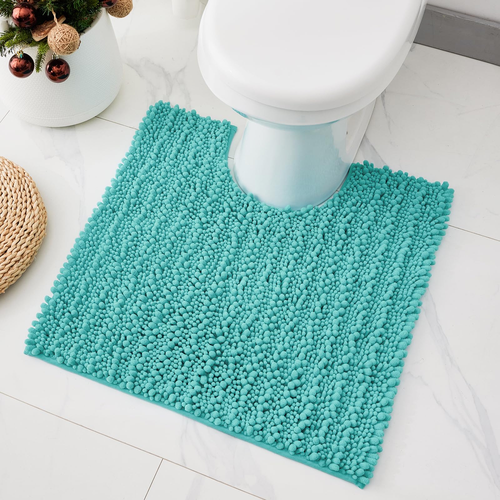 Chenille 24x24 Toilet Rug U‑Shaped Non‑Slip Absorbent, TealBlue