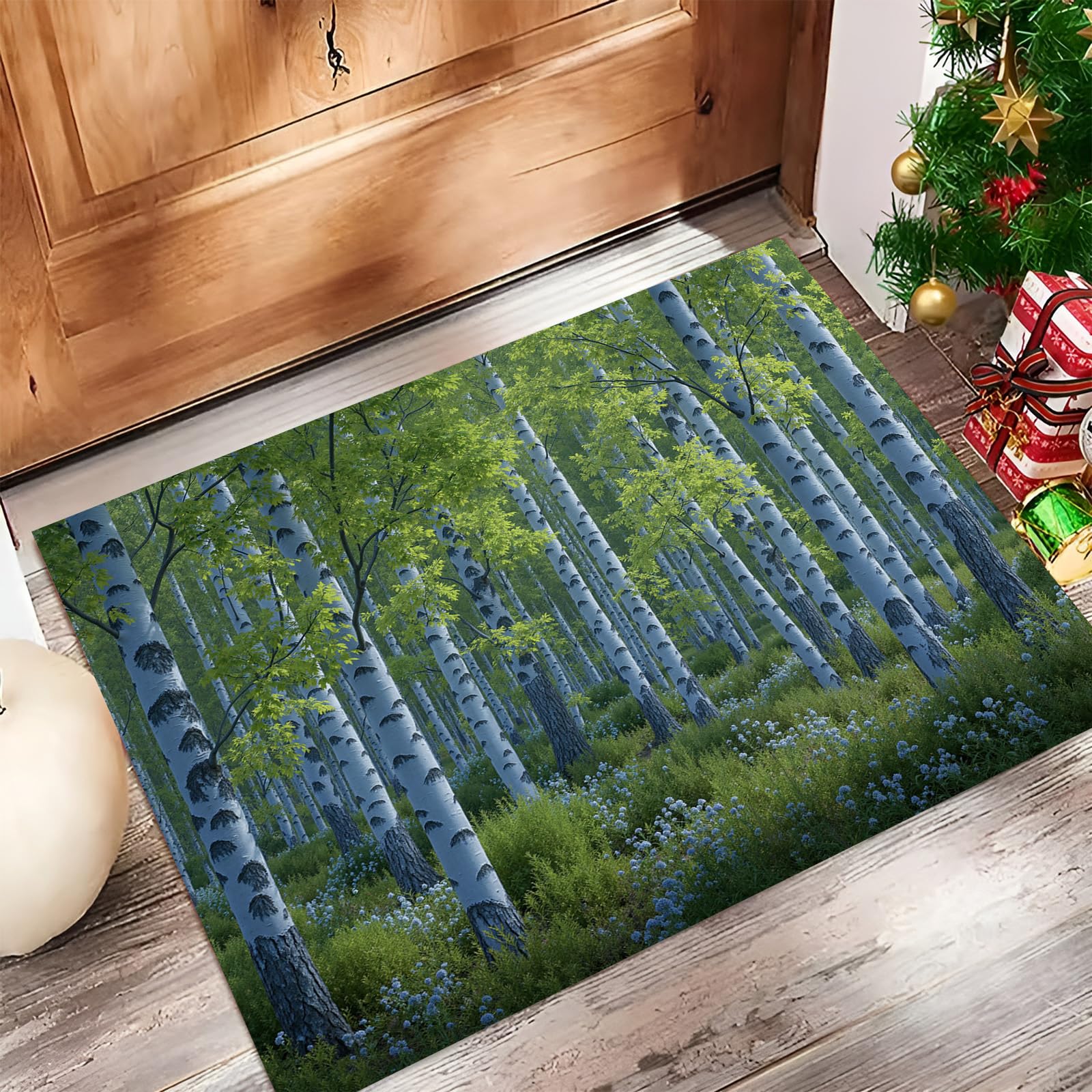 Paillasson absorbant lavable tapis forêt de bouleaux antidérapant entrée 50x80 cm