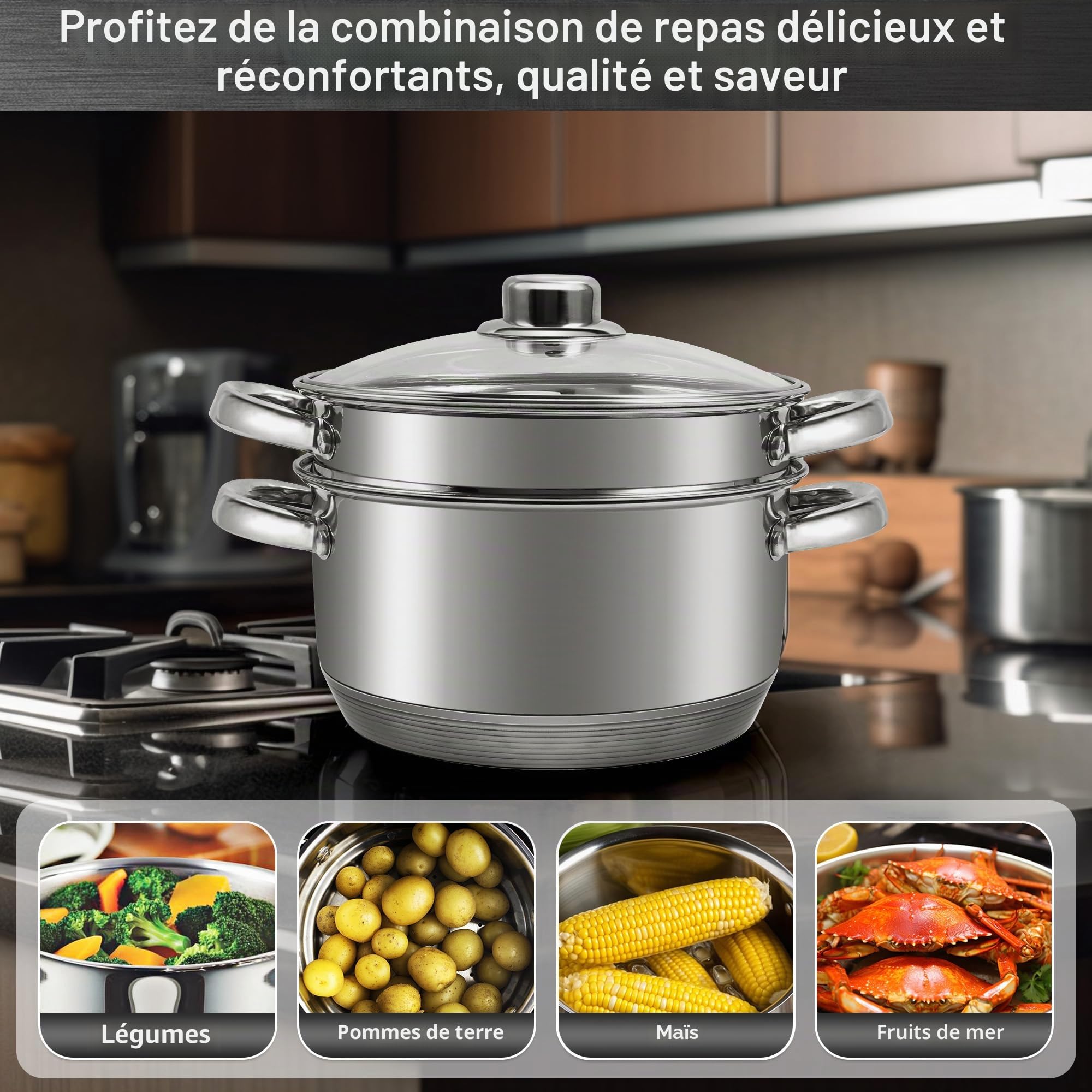 AuFranc® Cuiseur Vapeur à 3 Étages en Inox 18/10 avec Couvercle en Verre, 20CM Cuiseur Vapeur de 3 Litres, Empilable, Casseroles Adapté à la Tous Feux Dont Induction (Argent)