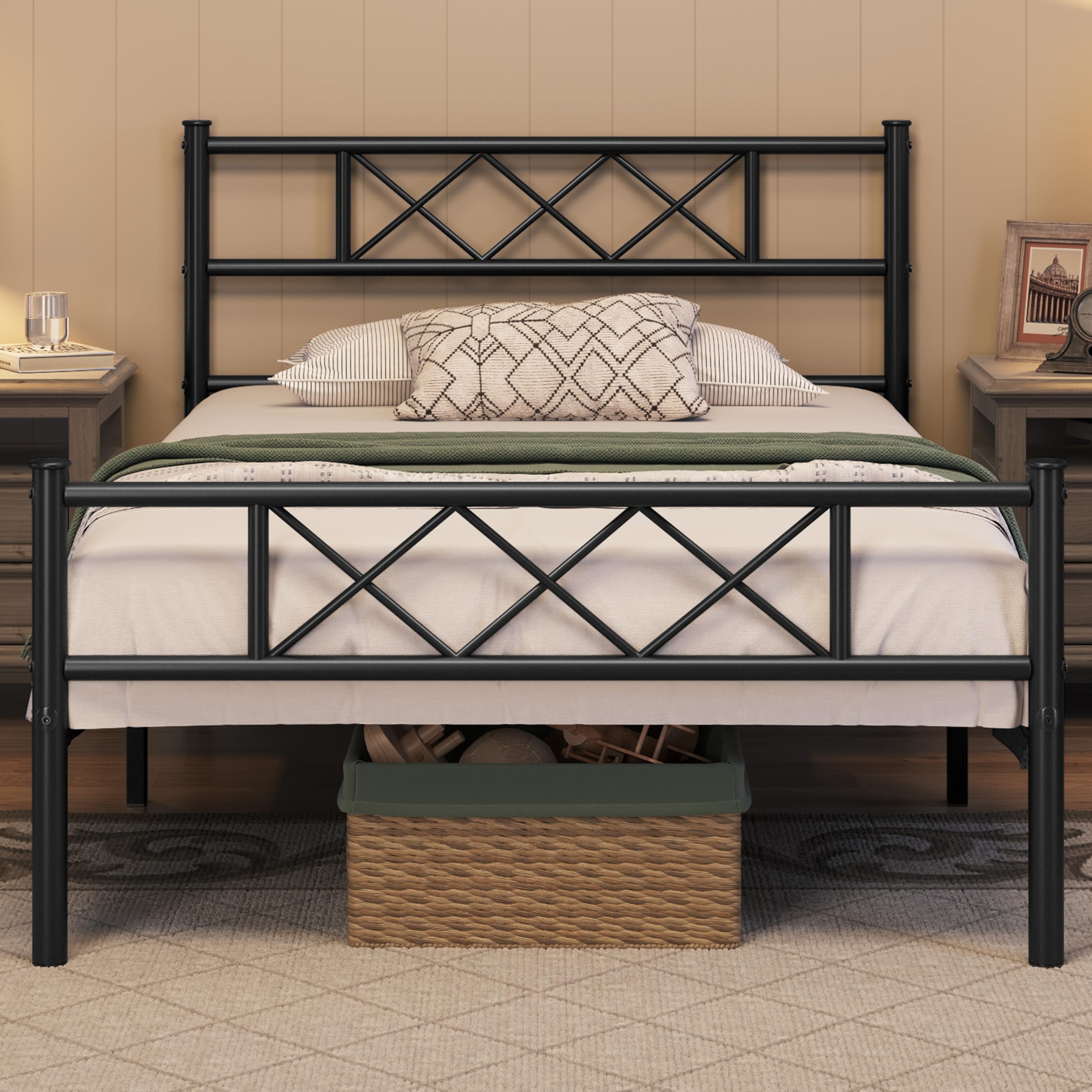 Yaheetech Struttura Letto Singolo in Metallo Ferro con Testiera a Forma di X Telaio con Rete a Doghe per Camera Dormitorio 90 x 190 cm Nero