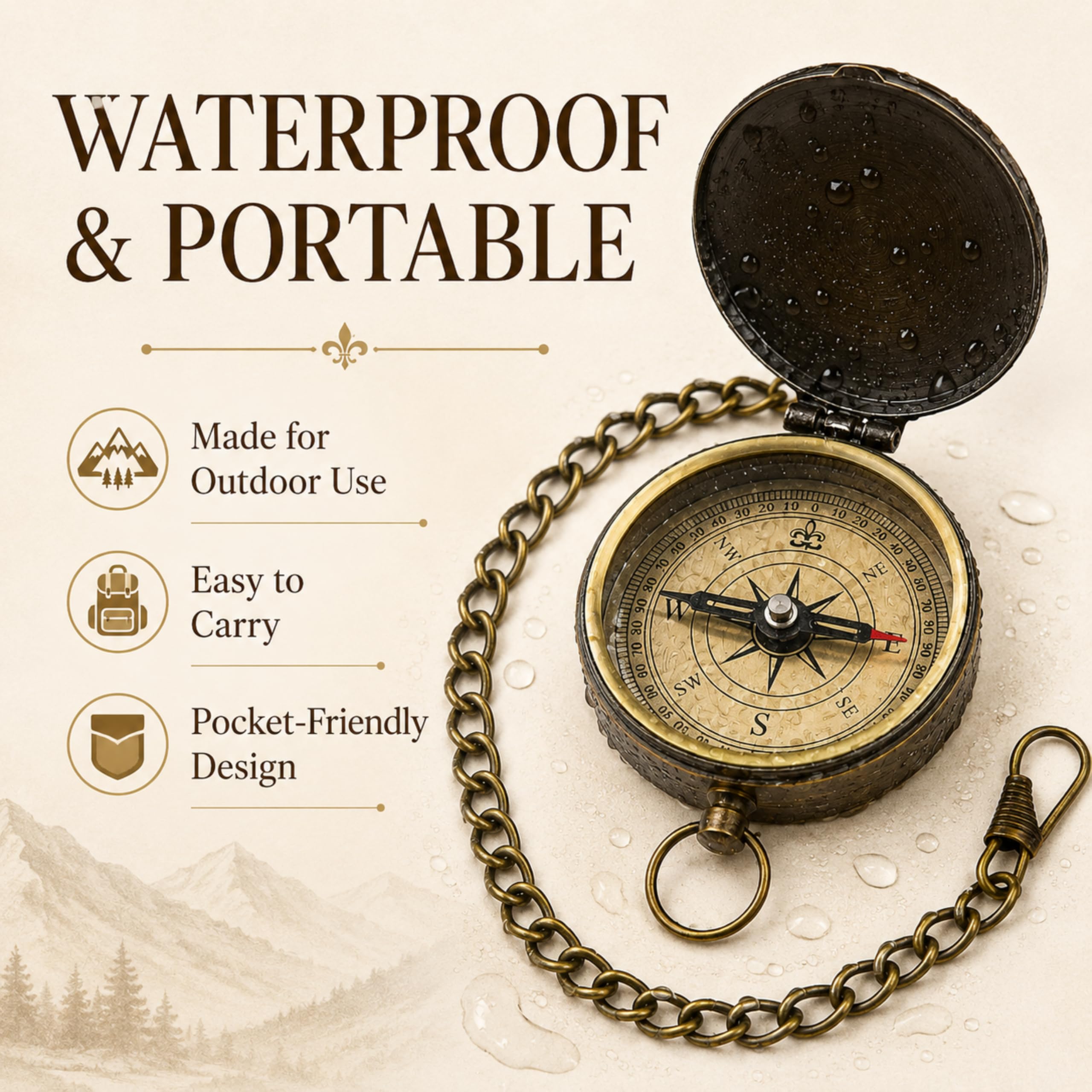 Boussole de poche en laiton, entièrement fonctionnelle, étanche et portable, boussole nautique antique avec chaîne de 37 cm pour la randonnée, cadeaux religieux pour hommes