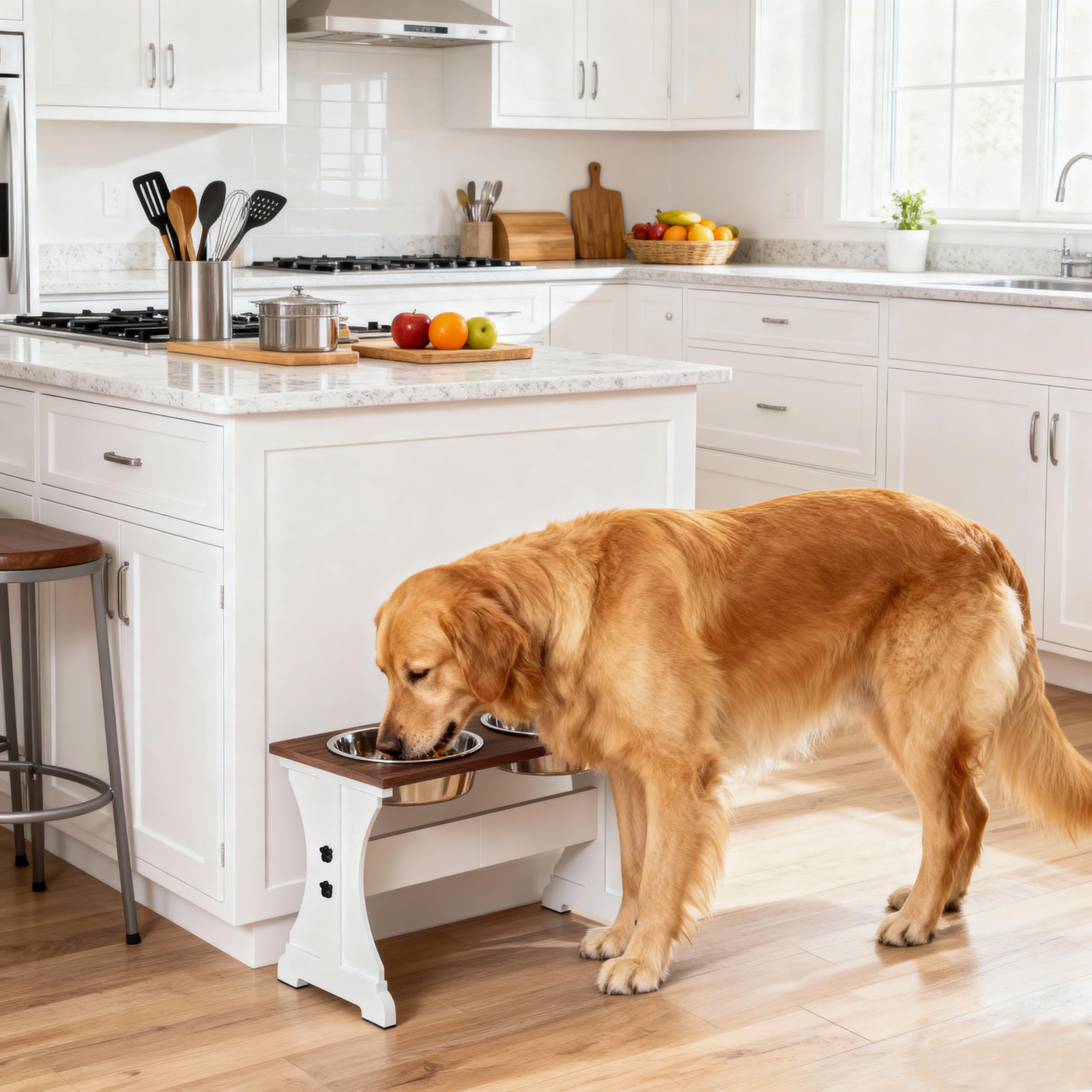 Piskyet Cuencos elevados para perros, soporte de madera para perros con 2 cuencos de acero inoxidable, soportes modernos para perros grandes y extragrandes, 8 tazas de 13.8 pulgadas, comederos perros