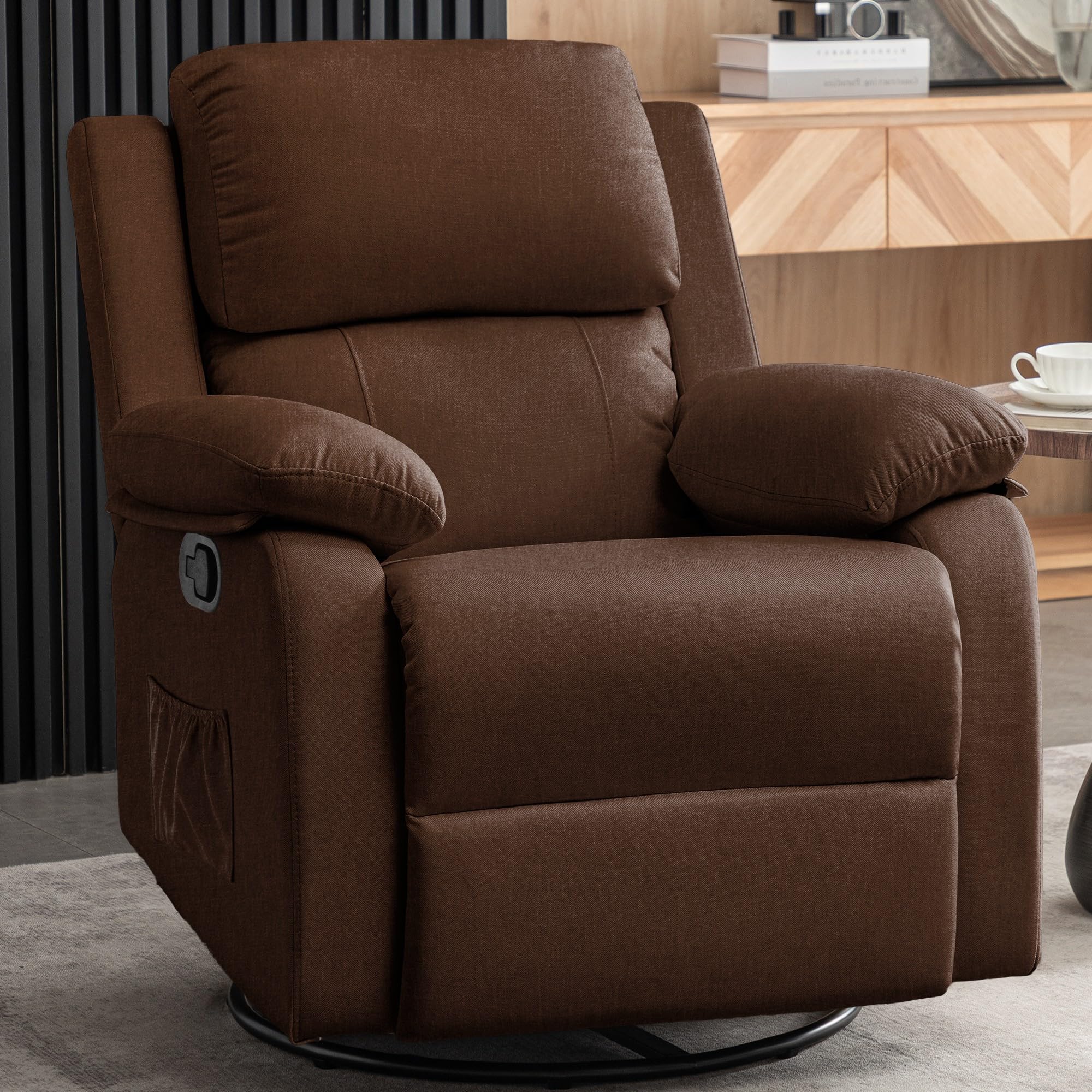 Recliner Chair, 360 Swivel Rocker Chair for Adults, Small Rocking Recliner Chair for Small Spaces, Upholstered Fabric Glider Recliner Nursery Chair with Side Pockets for Living Room, Nursery