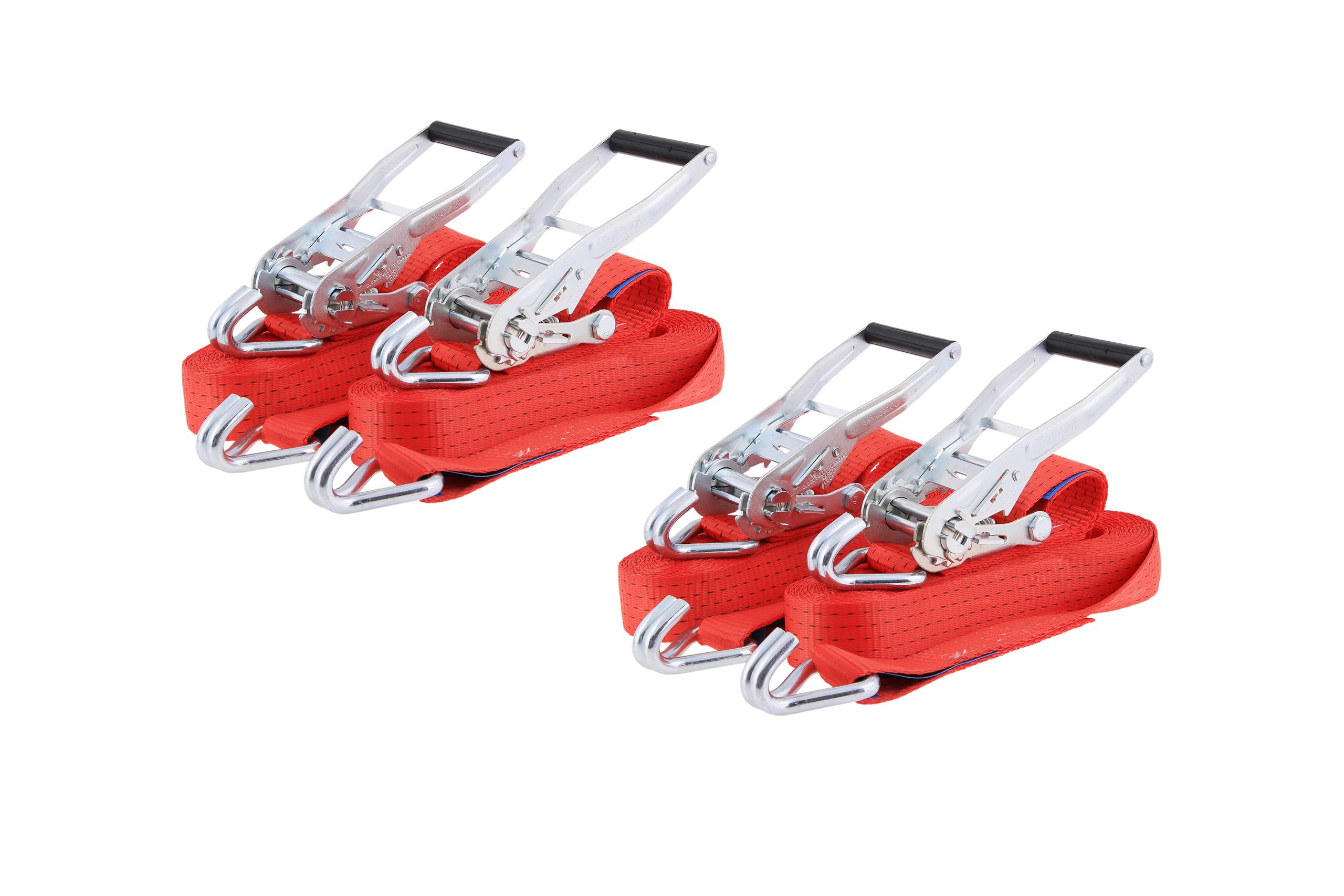 Sandax 4 cinghie di tensione professionali, 8 m (8 m di lunghezza) rosse, cinghie di ancoraggio con sigillo TÜV G/S, cinghia di tensione in due pezzi con cricchetto, gancio a J, portata fino a 5000