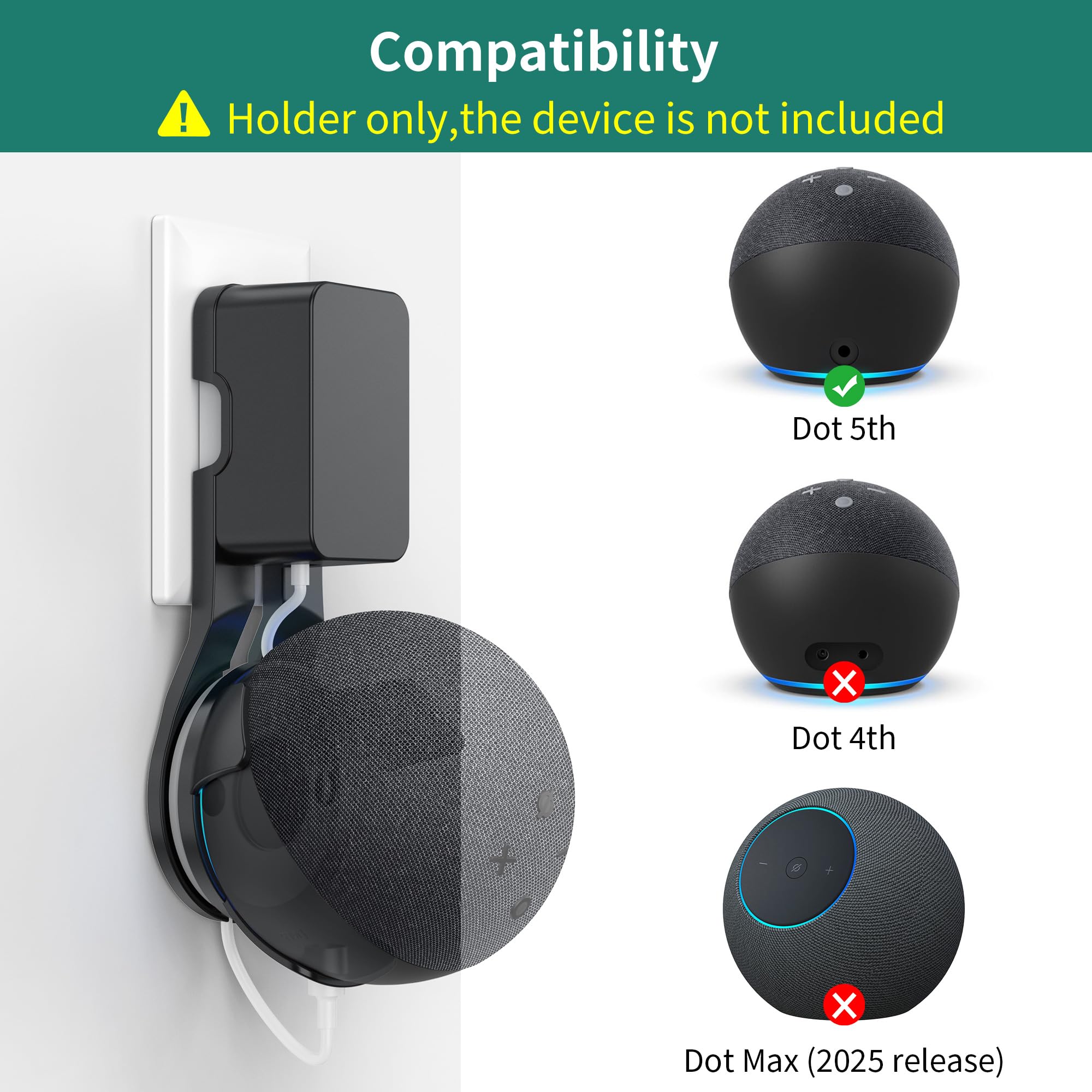 PlusAcc Support de Prise Murale pour Echo Dot 5ème génération - Pas de vis nécessaires (Noir)