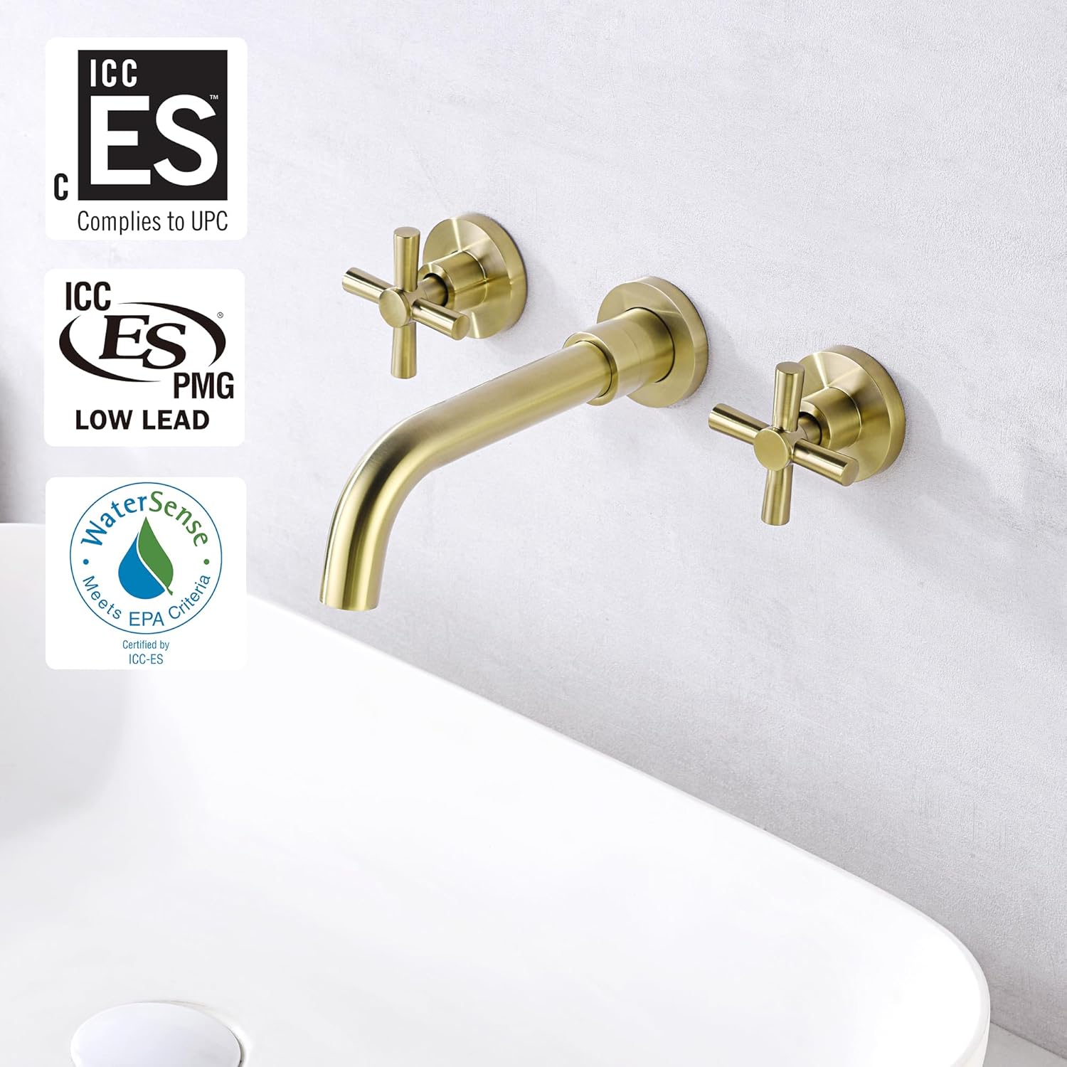 Brushed Brass Wall Mount Bathroom Faucet Two Cross Handles and Rough-in Valve Included,SUMERAIN