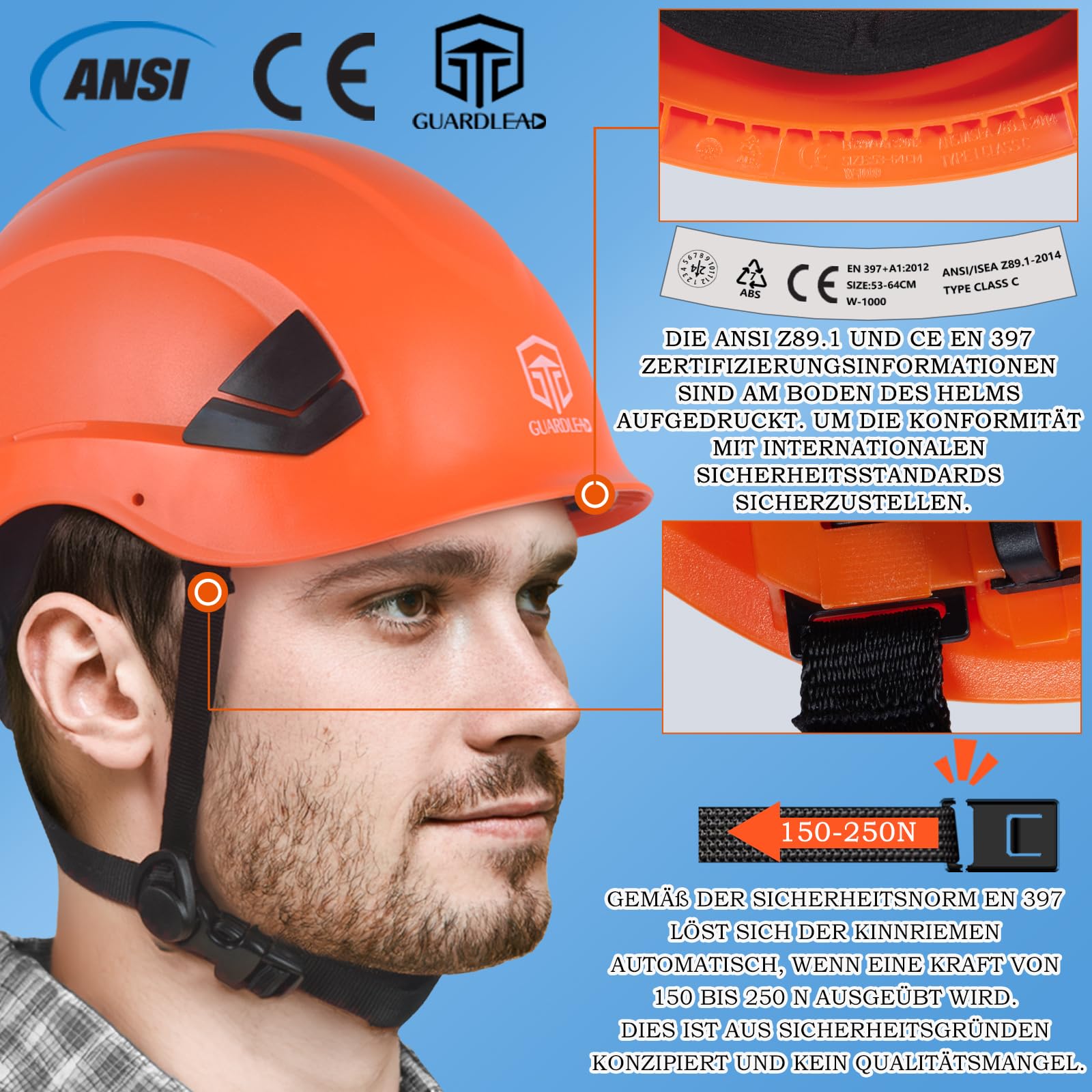 Schutzhelm Baustelle belüftet, bauhelme Erwachsene mit EN 397 Industriehelm, ANSI Z89.1 zugelassene arbeitshelm für Industrie und BAU Orange