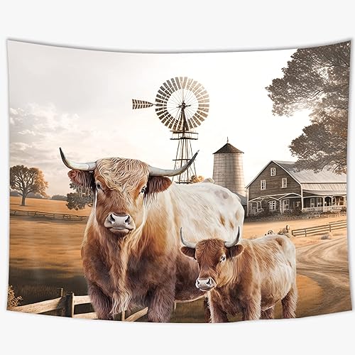 Miniatura 4 de SVBright Tapiz de tela de vaca Highland para colgar en la pared, 59 pulgadas de ancho x 51 pulgadas de alto, ganado, granja, toro, animales