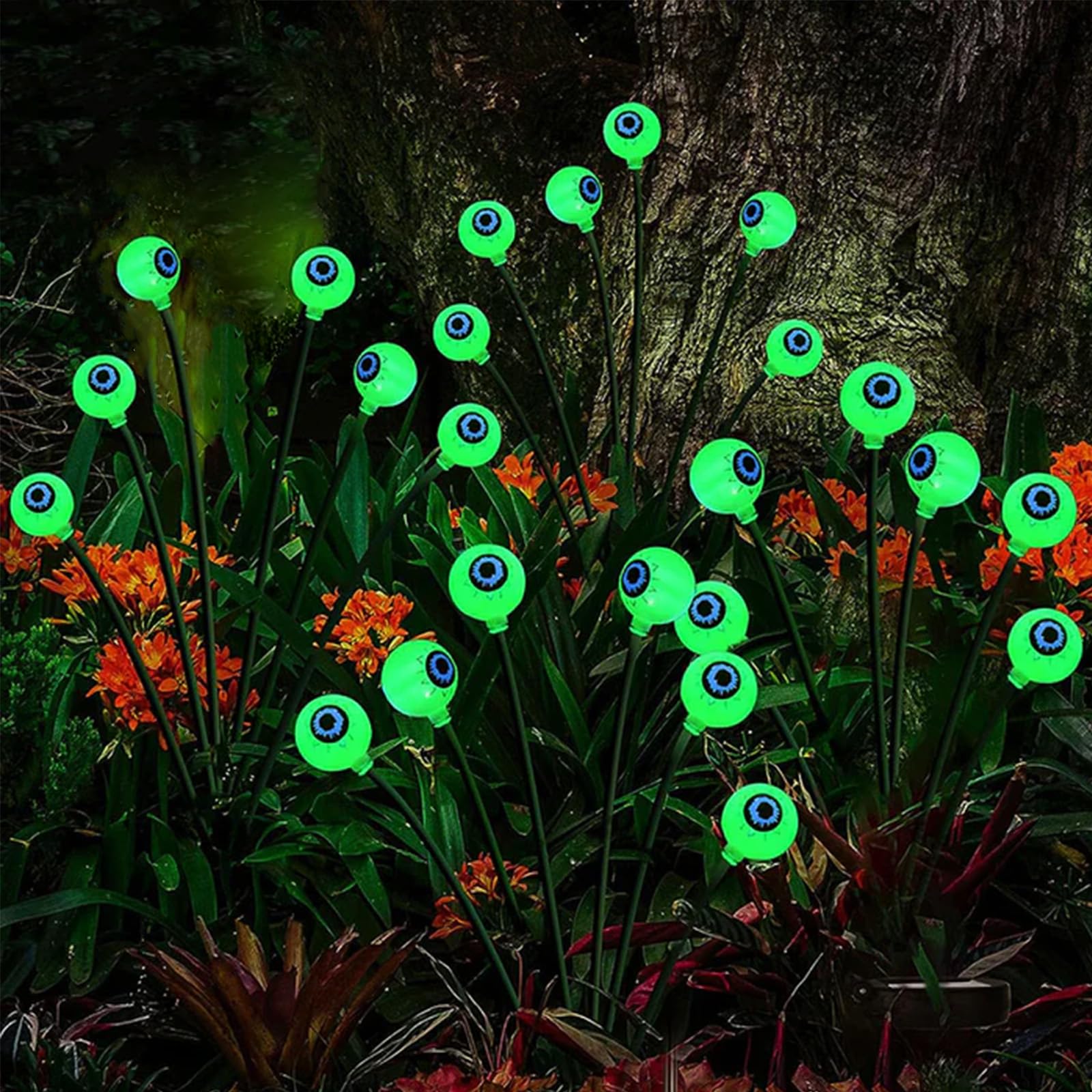 Halloween Outdoor Lights, 2 Pack 12 LED Scary Halloween Eyeball Light Solar Firefly Swaying Lights, Solar Lights for Outside Path Yard Garden Lawn Decor, (Green, 2 Pack)
