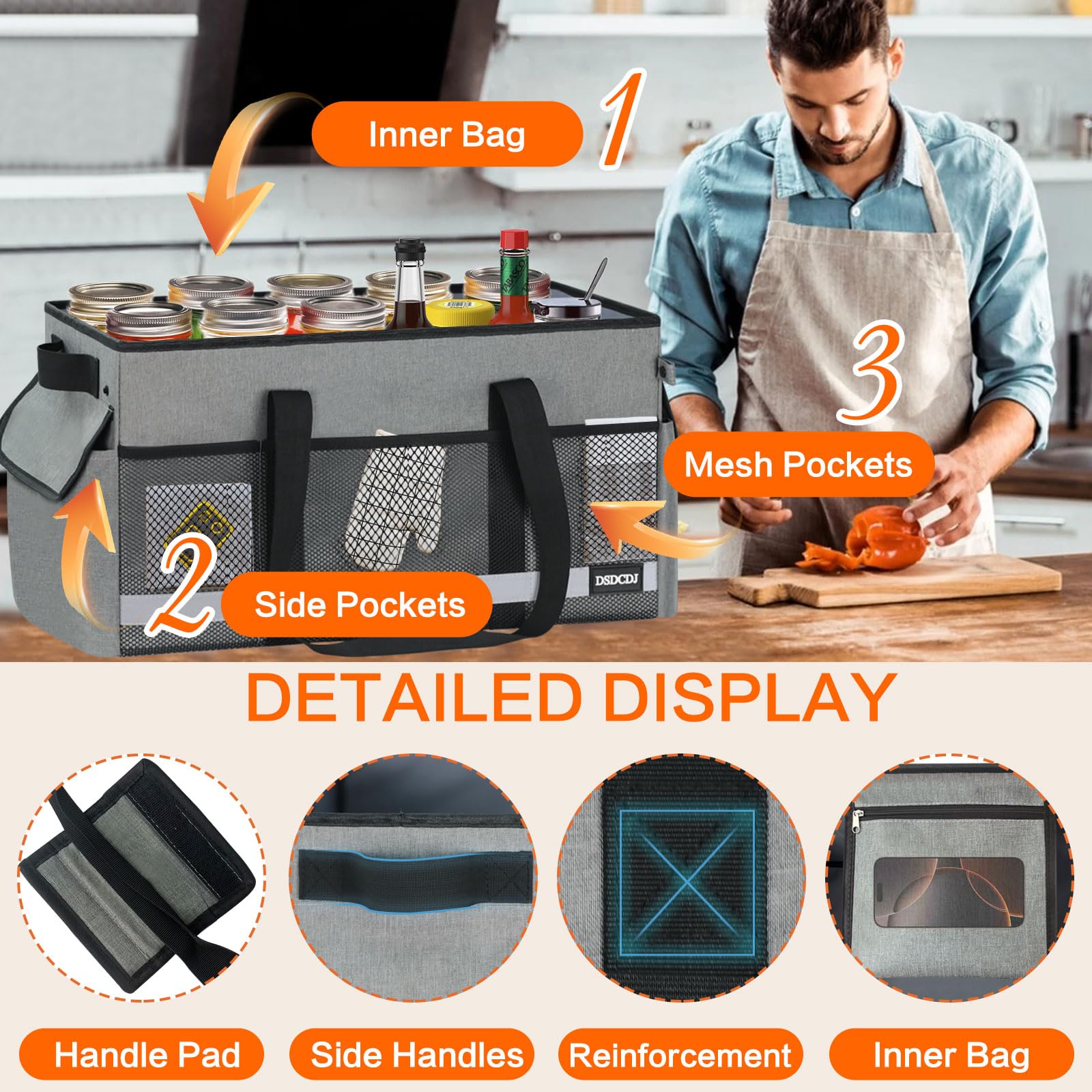 Bolsa multiusos extragrande con tira reflectante, bolsas reutilizables de pie con parte inferior dura y asas