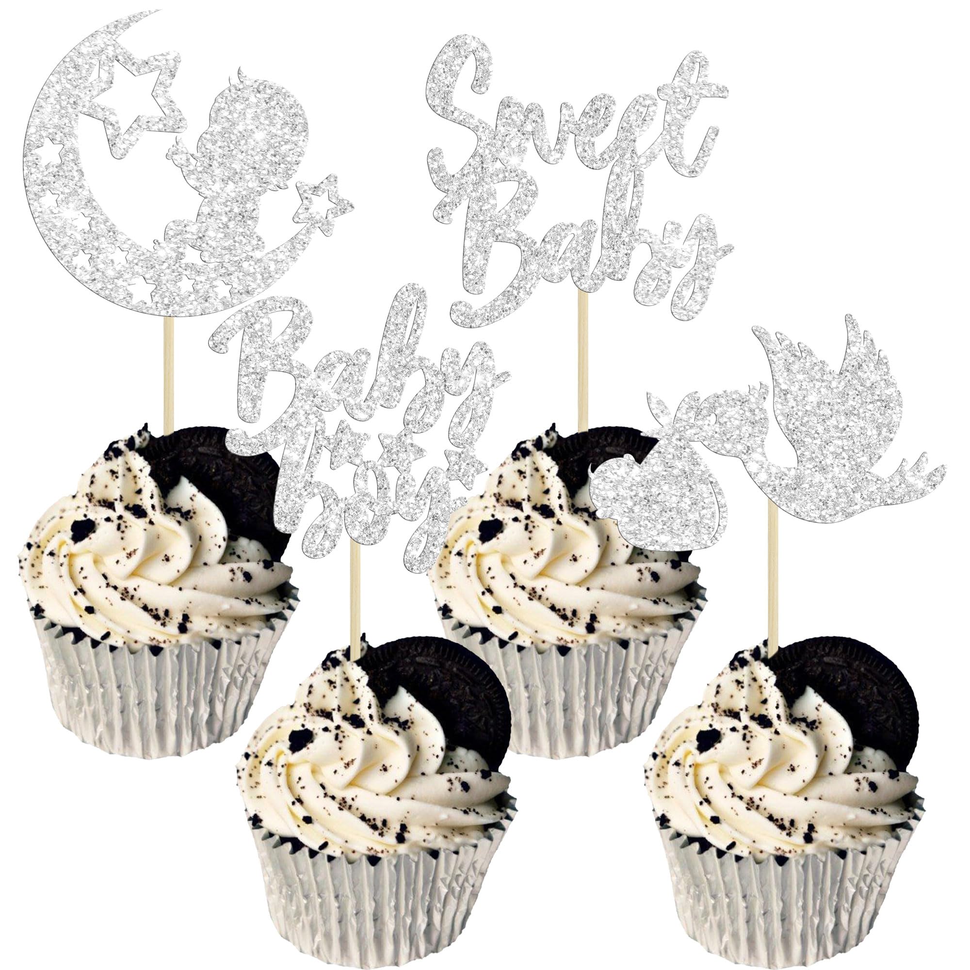 24Pcs Baby Shower Boy Cupcake Toppers Silver Glitter Moon Star Sweet Baby Boy Cupcake Picks Decorations for Gender Reveal Baby Shower Kids Boys Birthday Party Supplies