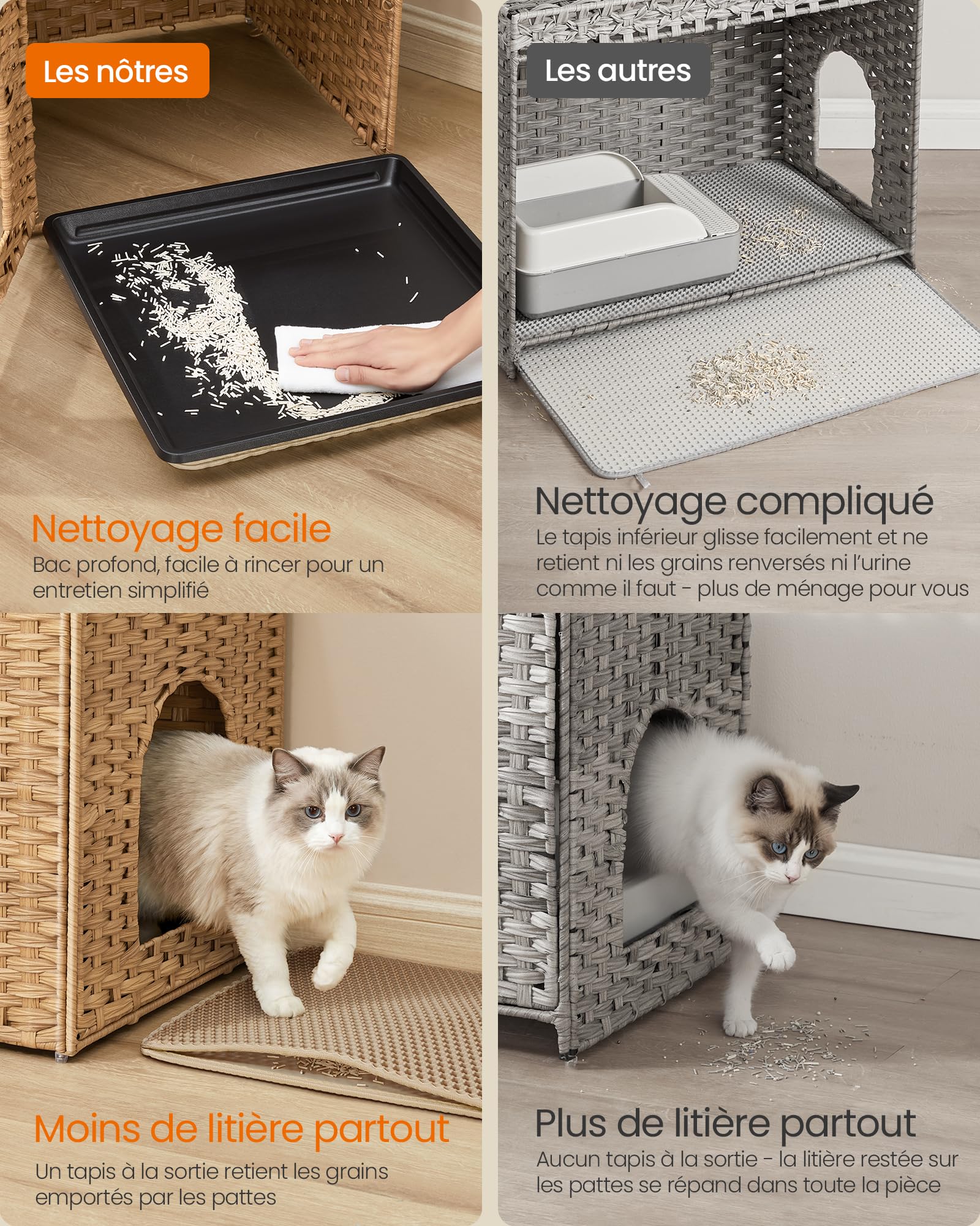 Feandrea Maison de Toilette pour Chat, Meuble Litière en Résine Tressée, Plateau Amovible, Table d'Appoint, 52,5 x 52,5 x 56 cm, Jaune, Style Bohème, Collection Eliott PCL024YE01