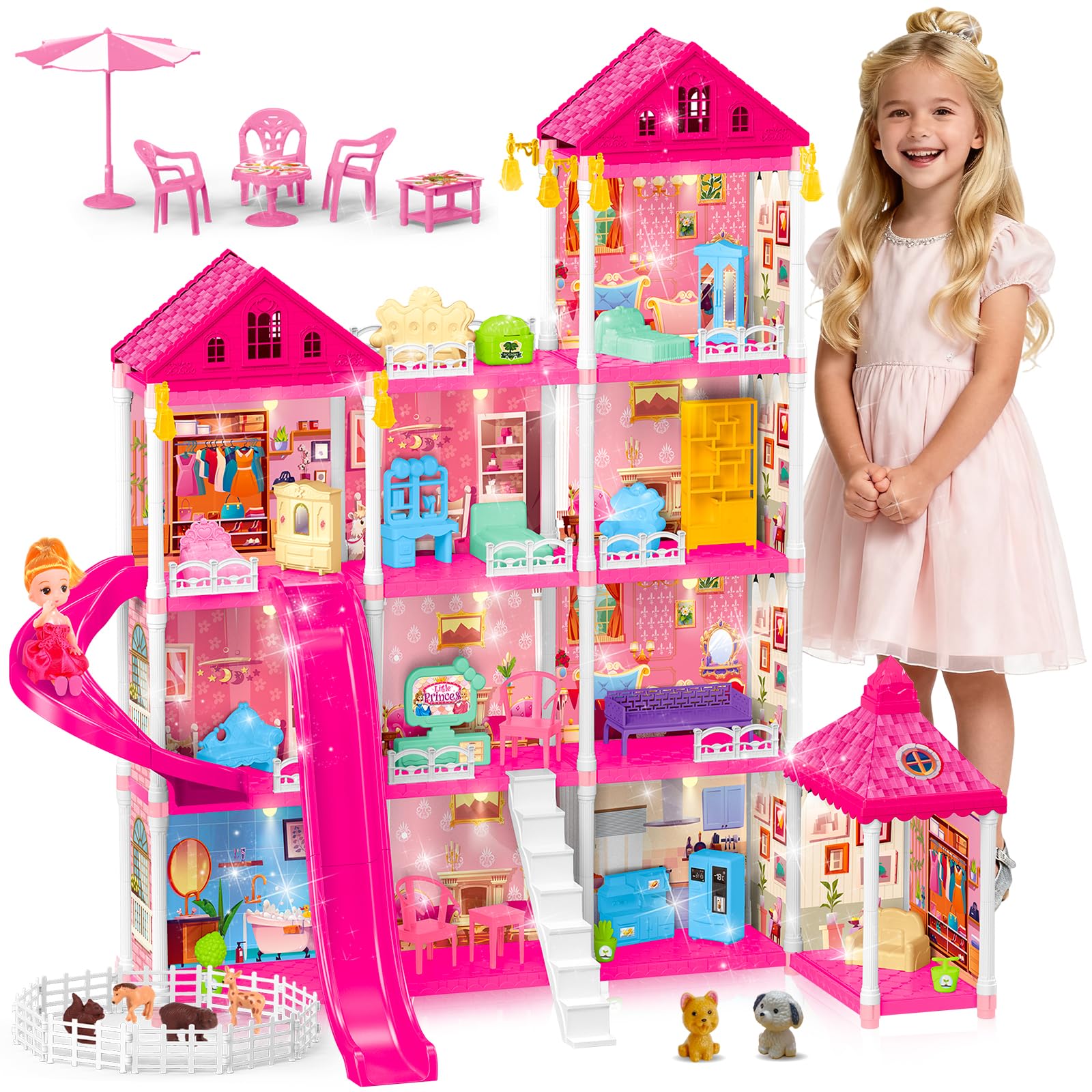 4-Story Doll House Large DIY Playhouse for Girls, Little Girl Dream House with Furniture, Animals Play Area & 2 Princesses Slide, Creative Construction Toy for Birthdays & Christmas