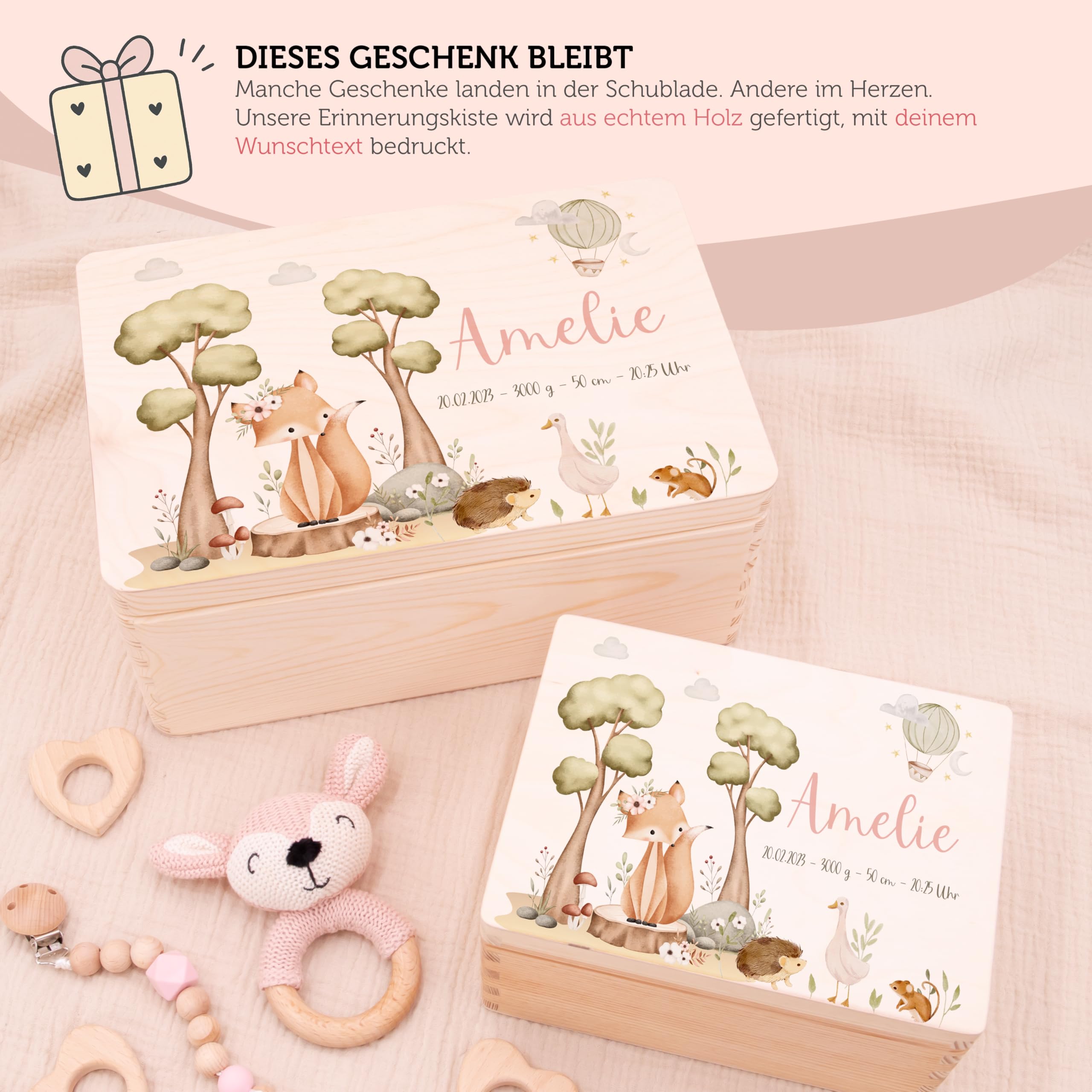 Erinnerungsbox Baby - Personalisierte Geschenke mit Namen | Holzkiste mit Deckel bedruckt mit Schadstofffreie Latextinte - Geschenke zur Geburt & Taufgeschenke für Mädchen & Jungen