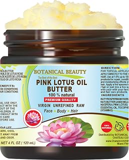 Botanical Beauty PINK LOTUS OIL BUTTER 100% Natural. Pink Lotus Essential Oil in Shea Nut Butter for FACE, SKIN, BODY, HAIR, NAILS. Beauty Skin Moisturizer Oil Butter (4 Fl Oz)