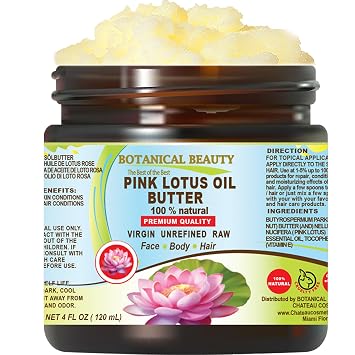 Botanical Beauty PINK LOTUS OIL BUTTER 100% Natural. Pink Lotus Essential Oil in Shea Nut Butter for FACE, SKIN, BODY, HAIR, NAILS. Beauty Skin Moisturizer Oil Butter 4 Fl Oz
