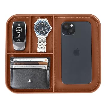 V-CUBE Designs Rectangular Premium Vegan Leather Valet Tray|Stylish & Modern Office Desk Tray| Table/Bedside/Entryway Organiser For Everyday Essentials Like Keys, Phone, Watch, Wallet, Jewellery|Tan - image, photos