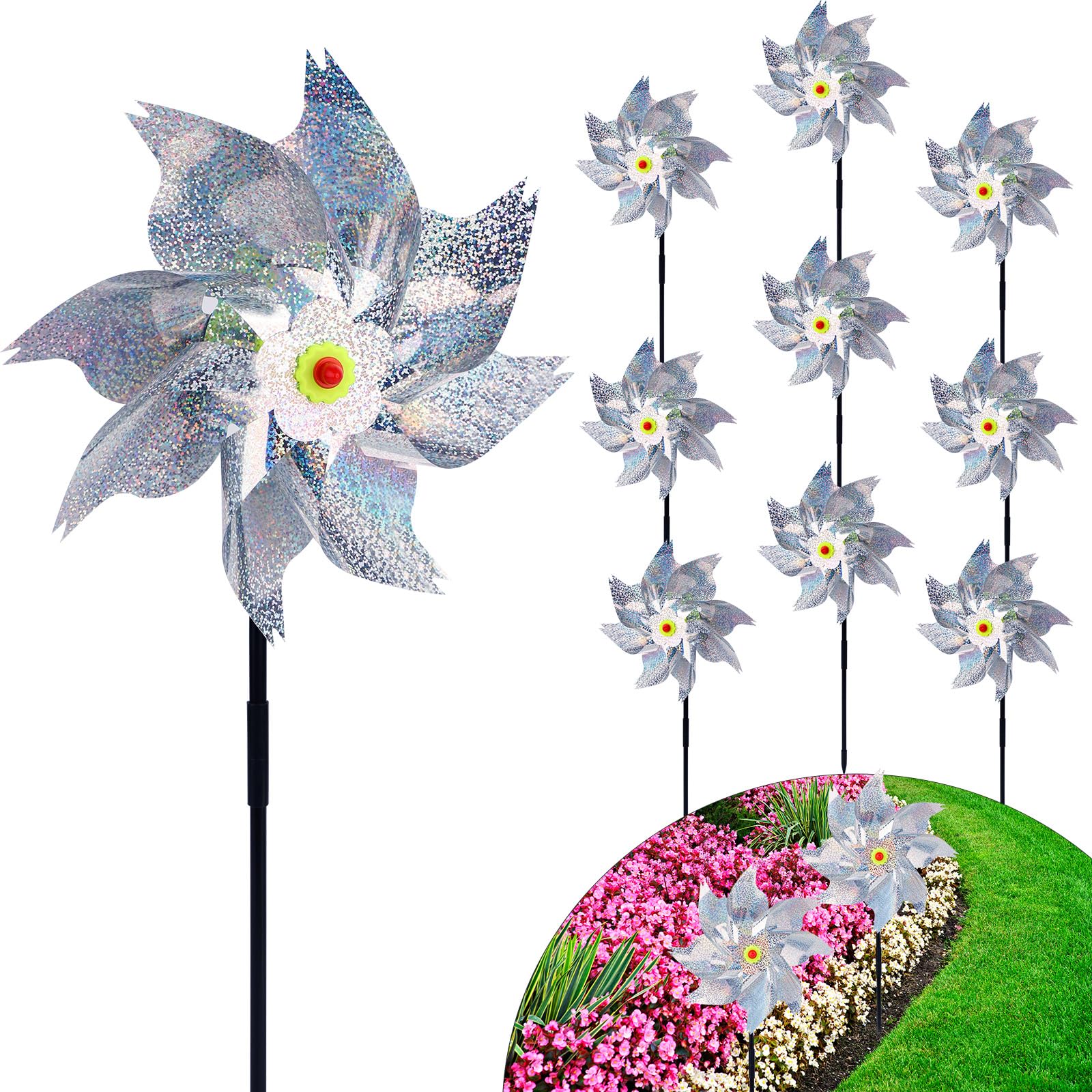 10pcs Reflective Bird Windmill, Pinwheel Prevention for Outside Ultra Sparkly Pin Wheel to Deter Animal Devices