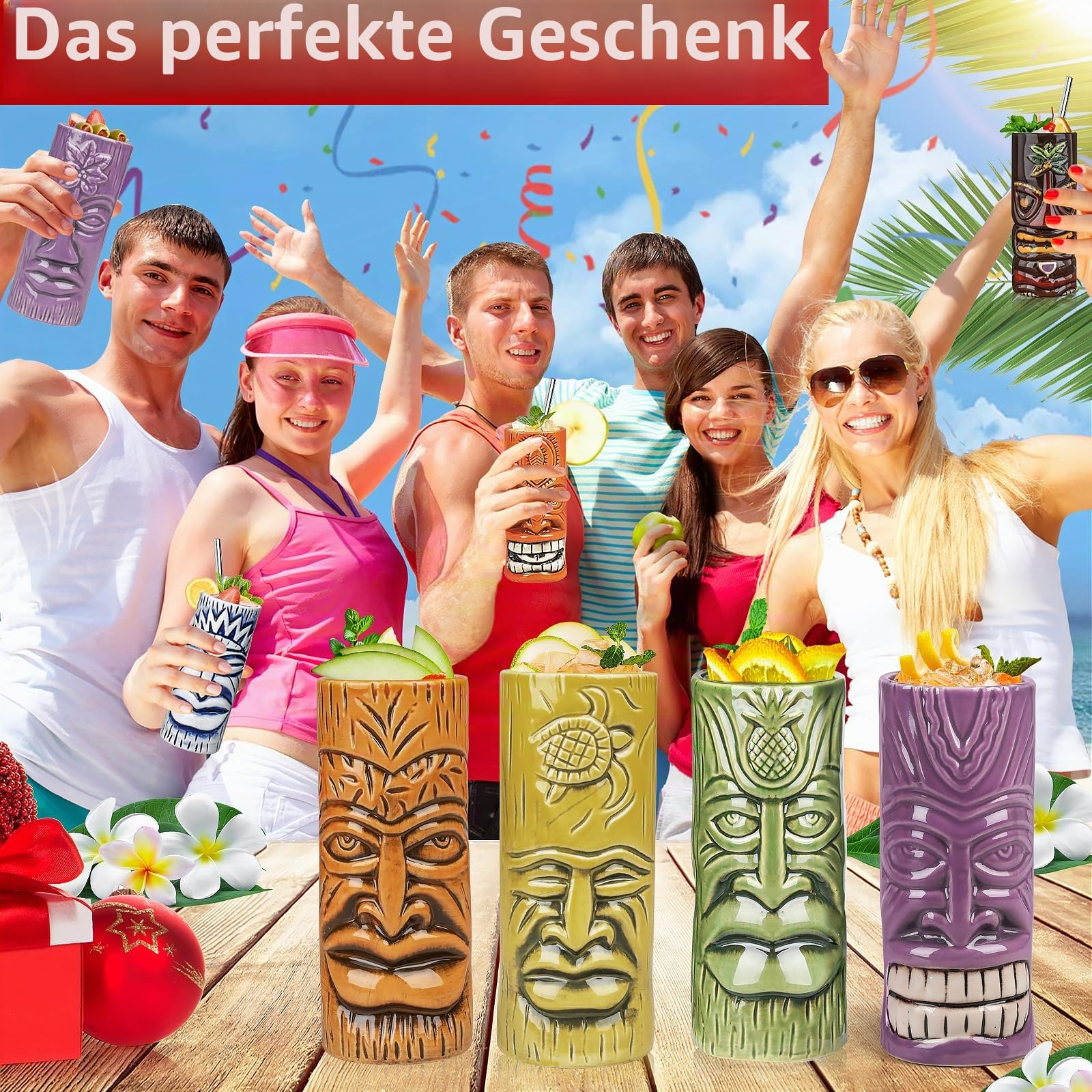 SuproBarware Tiki Tassen Set von 12 – Große Cocktail-Tiki-Gläser, hawaiianische Party, niedliche exotische Cocktailgläser, hawaiianische Keramiktasse