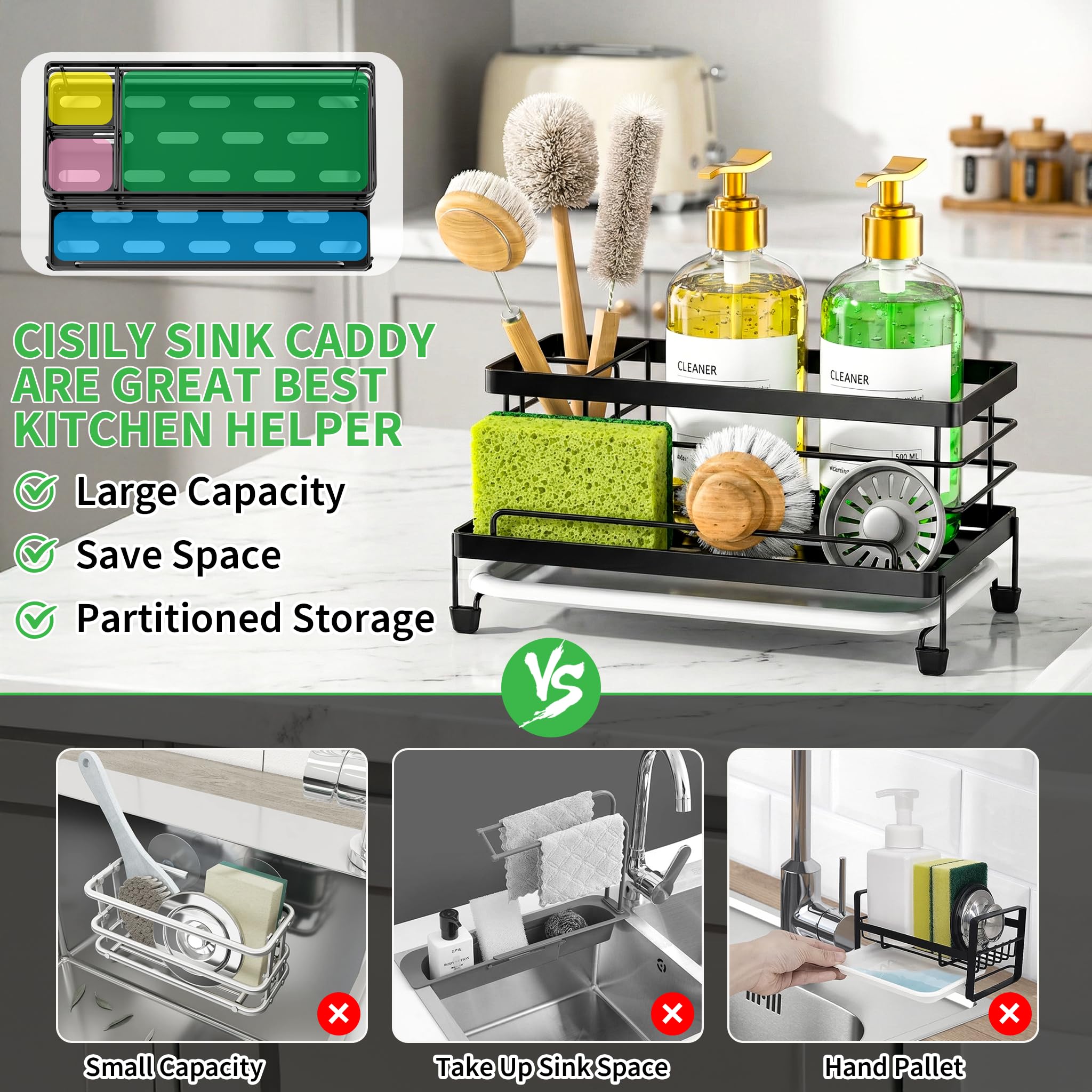 Cisily Supporto per spugna da cucina, organizer per lavello, accessori per lavello da cucina con vassoio antigoccia, antiruggine e antiscivolo, porta spugna, utensili da cucina per la nuova casa (nero