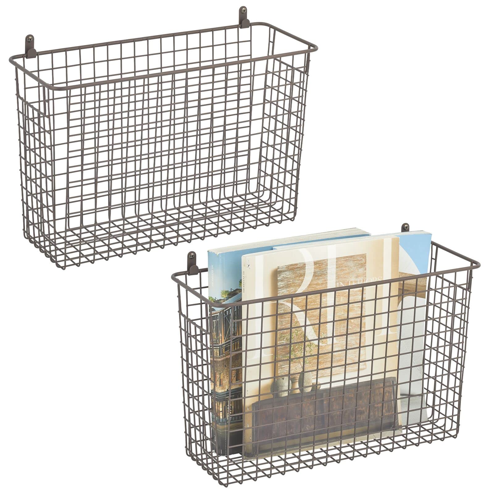 mDesign Wall Mount Metal Farmhouse Wall Decor Storage Organizer Basket Bin with Handles for Hanging in Entryway, Mudroom, Bedroom, Laundry Room - Wall Mount Hooks Included, 16" Long - 2 Pack - Bronze