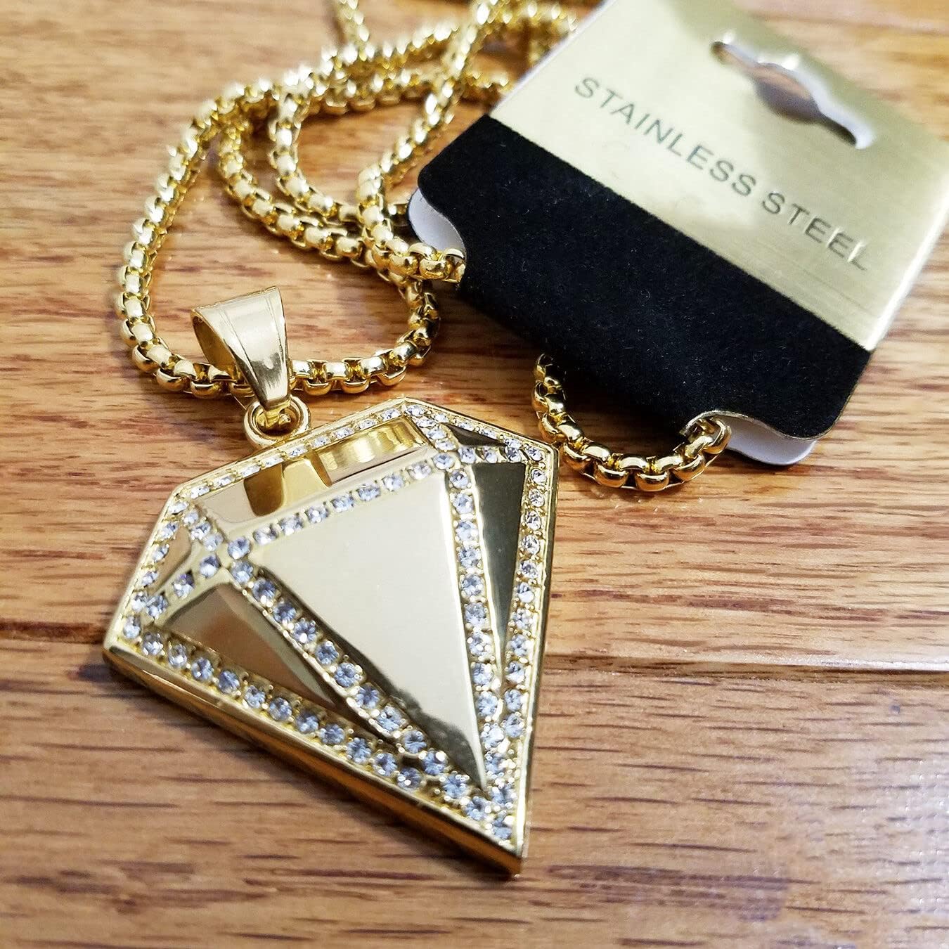Hip Hop Jewelry Rapper Style Stainless Steel Diamond Shape Pendant & 3mm 24" Rolo Link Chain Necklace Gift