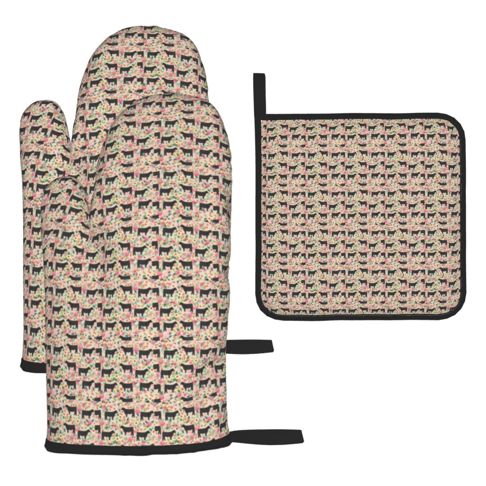 Pink Flower Show Steer Cows Cattle Print Oven Kitchen Gloves For Baking Outdoor Grilling Home Use Mitts Microwaving Bbq