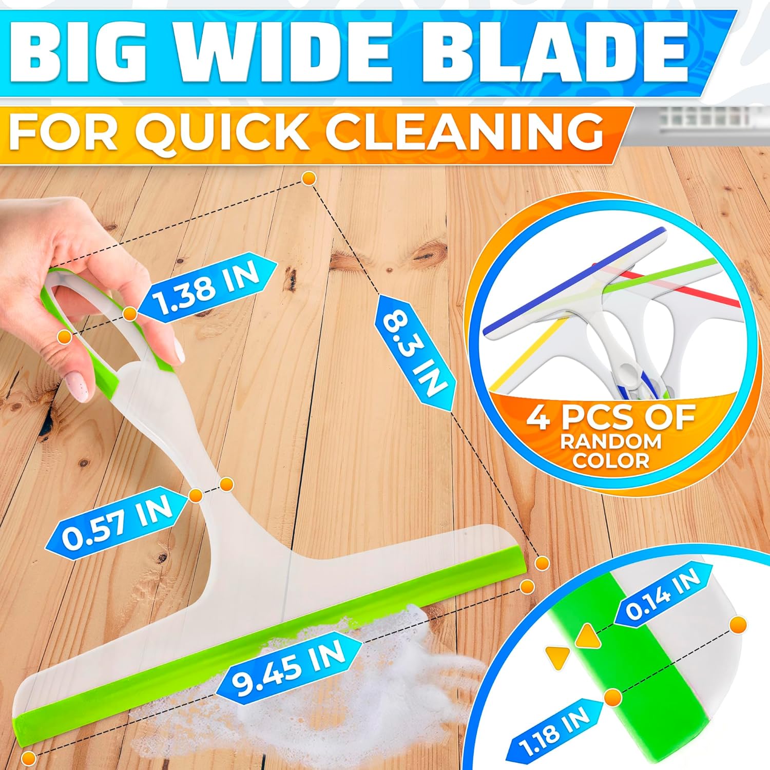 9.5” Hand Squeee for Shower Glass - Durable Plastic Grip, Random Colors,