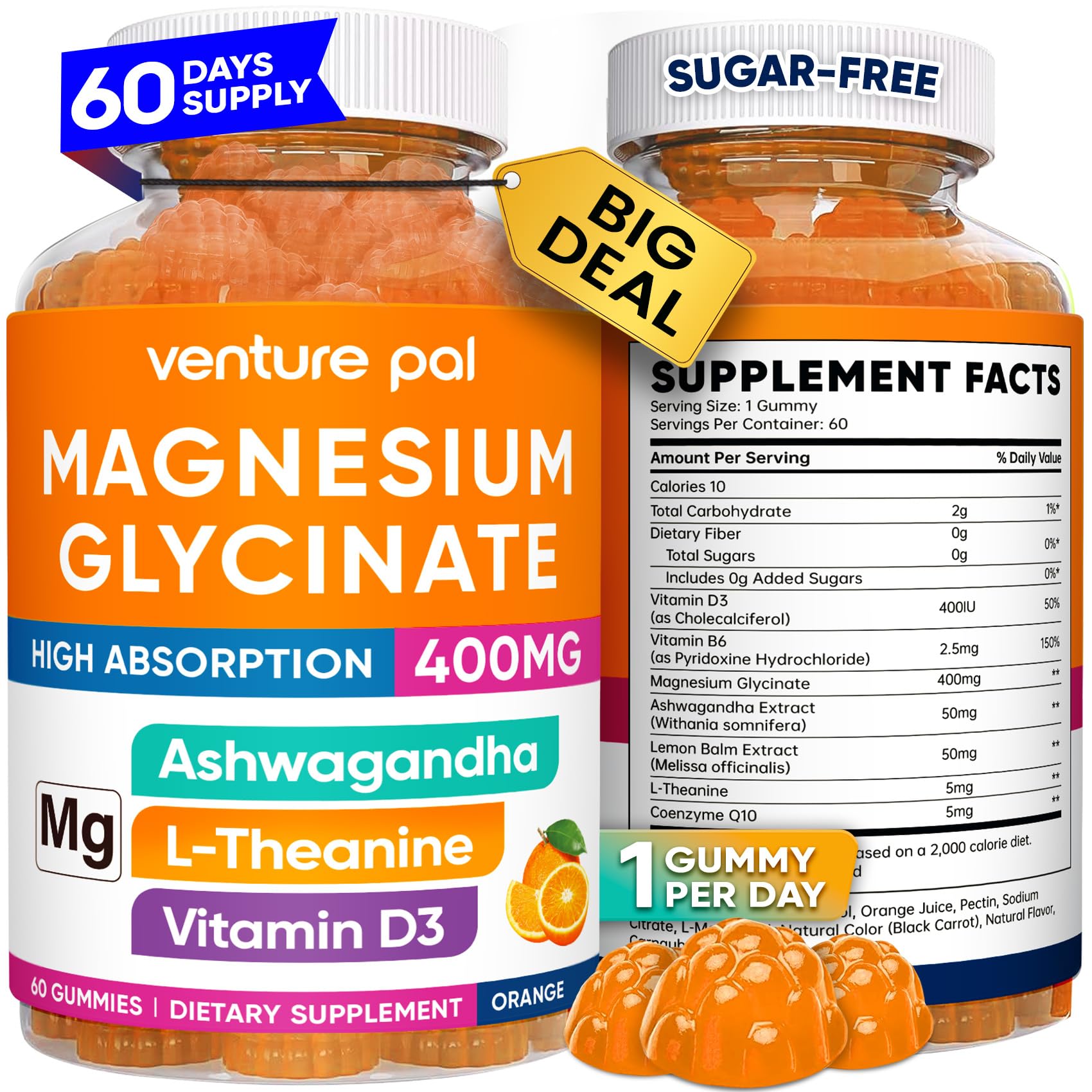 Venture Pal60 Day Supply Magnesium Glycinate Gummies with Ashwagandha for Adults and Kids, L-Theanine, CoQ10, Sugar Free Magnesium Supplement 400mg for Calm Mood & Sleep, Gluten-Free & Vegan