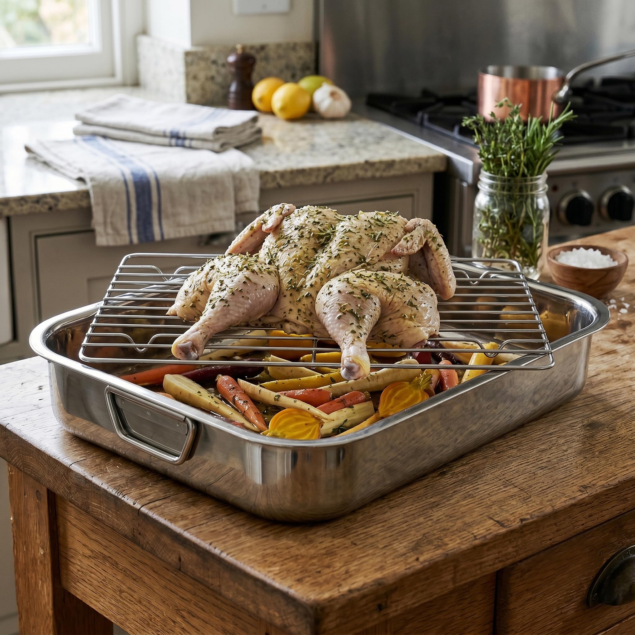 MGE - Oven Roaster with Grill - Taca do Pieczenia - Prostokątna Patelnia do Pieczenia w Piekarniku z Grillem - Stal Nierdzewna - 40 cm