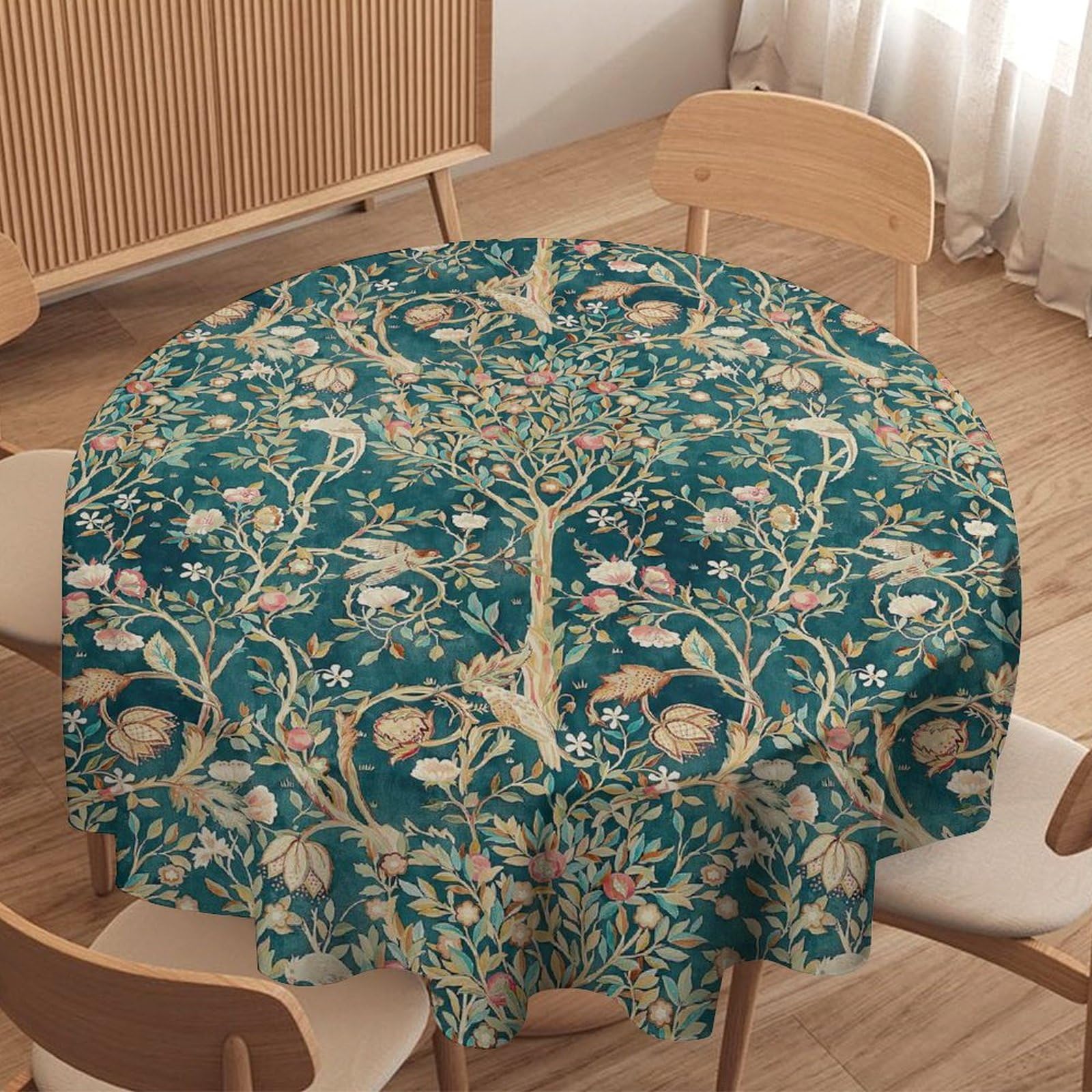 GoDazzling Vintage Boho Floral Plant William Morris Round Tablecloth, Retro Rustic Farmhouse Flowers Pattern Print Tablecloth for Home Party Dining