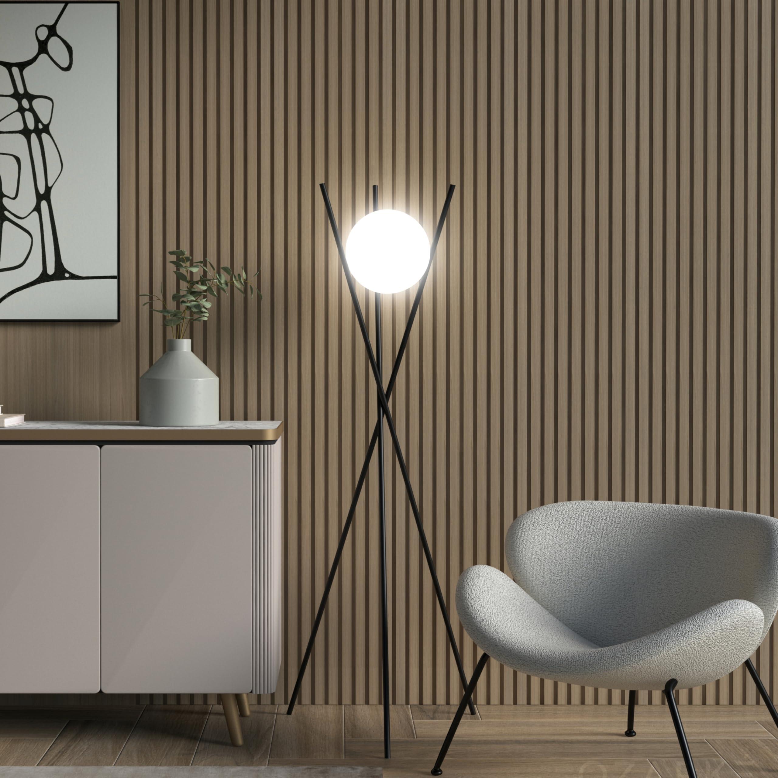 Ozarke Solstice Modern Frosted Glass Globe Floor Lamp (165cm) Contemporary LED Dimmable Lighting for Bedroom, Living Room, Hotel & Home Office (Black)