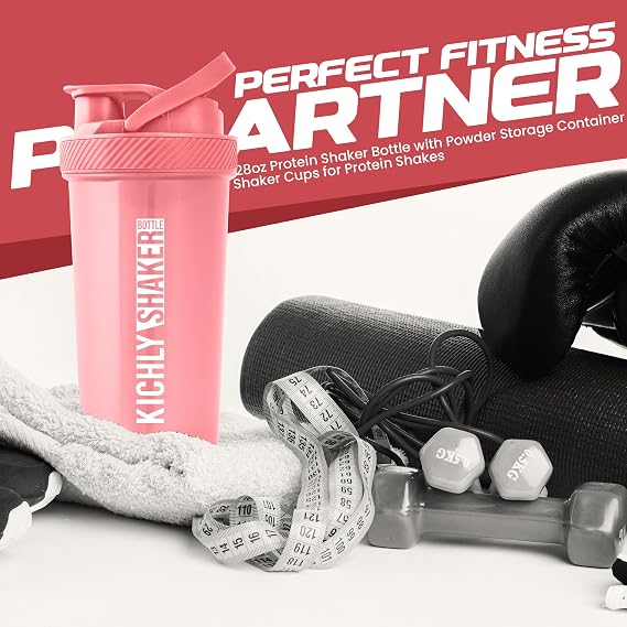 KICHLY Shaker Bottle 1 Pack - 28 Ounce Plastic Protein Shaker Bottle for Pre & Post workout with Twist & Lock Protein Box Storage (Pink)