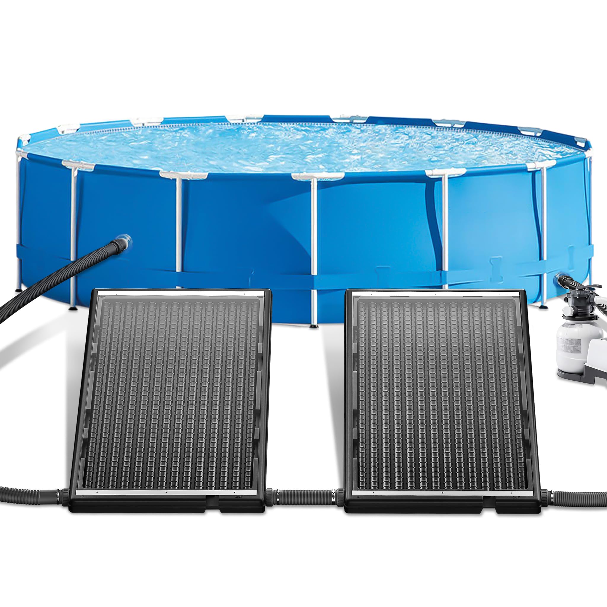 UISEBRT Solar Pool Heater - Calentador solar de plástico resistente a los rayos UV con placa de protección contra el polvo y las hojas, 111,5 x 66 x 6,5 cm, patas de aluminio, colector solar para