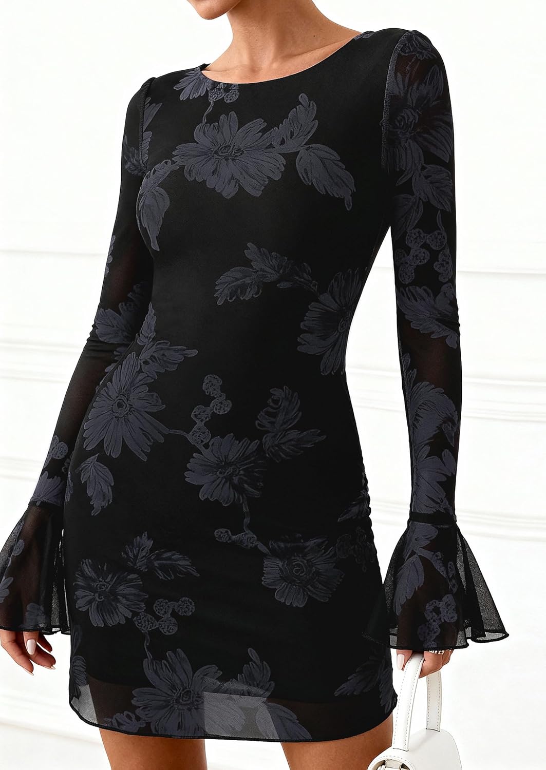 PRETTYGARDEN Women's Floral Dress Spring Fall Fashion Long Bell Sleeve Flower Mini Short Mesh Bodycon Party Dresses - Image 3