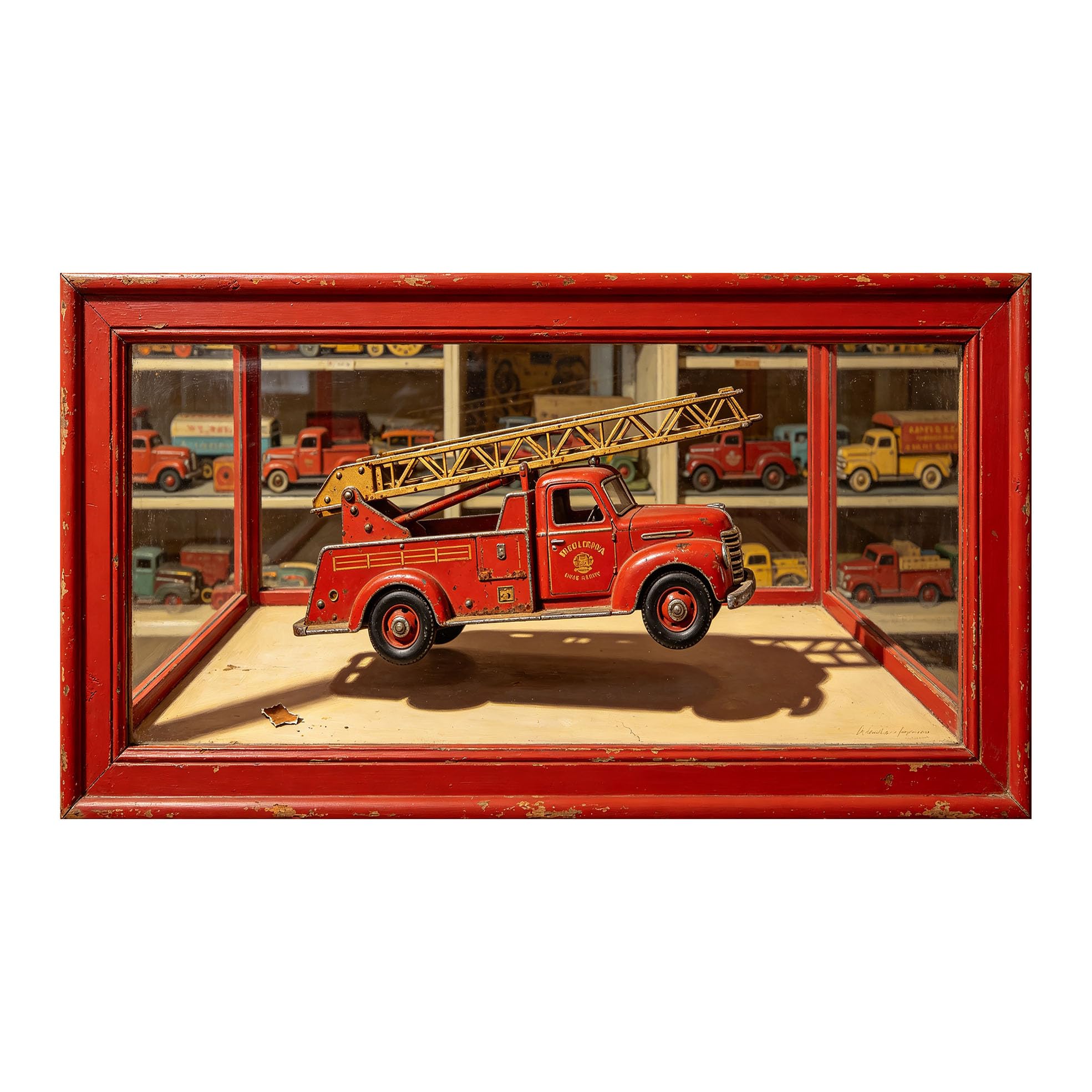 Yzpallescene 3D Framed Wall Art 50cm×100cm Retro Fire Engine Trompe L'oeil Realistic Large Size SelfAdhesive Removable Wall Decor Prints Artwork for Living Room Bedroom Office