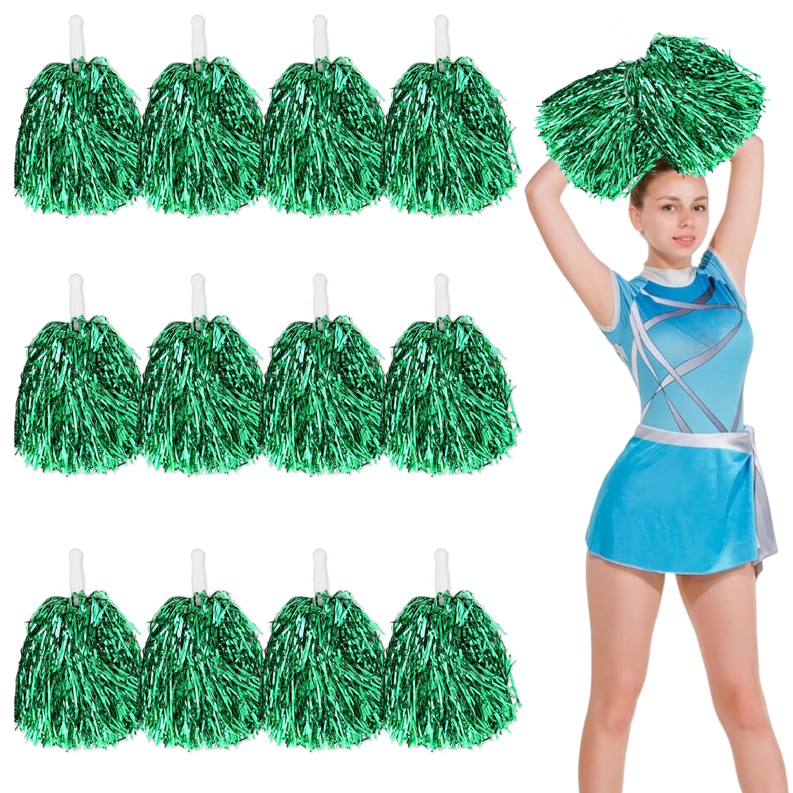 12pcs Cheerleading Pom Poms with Handle Cheerleader Pompoms Metallic Foil Pom Poms Cheerleader Outfit Accessories for Sports Team Spirit Cheering Party Dance Night Party (Green)