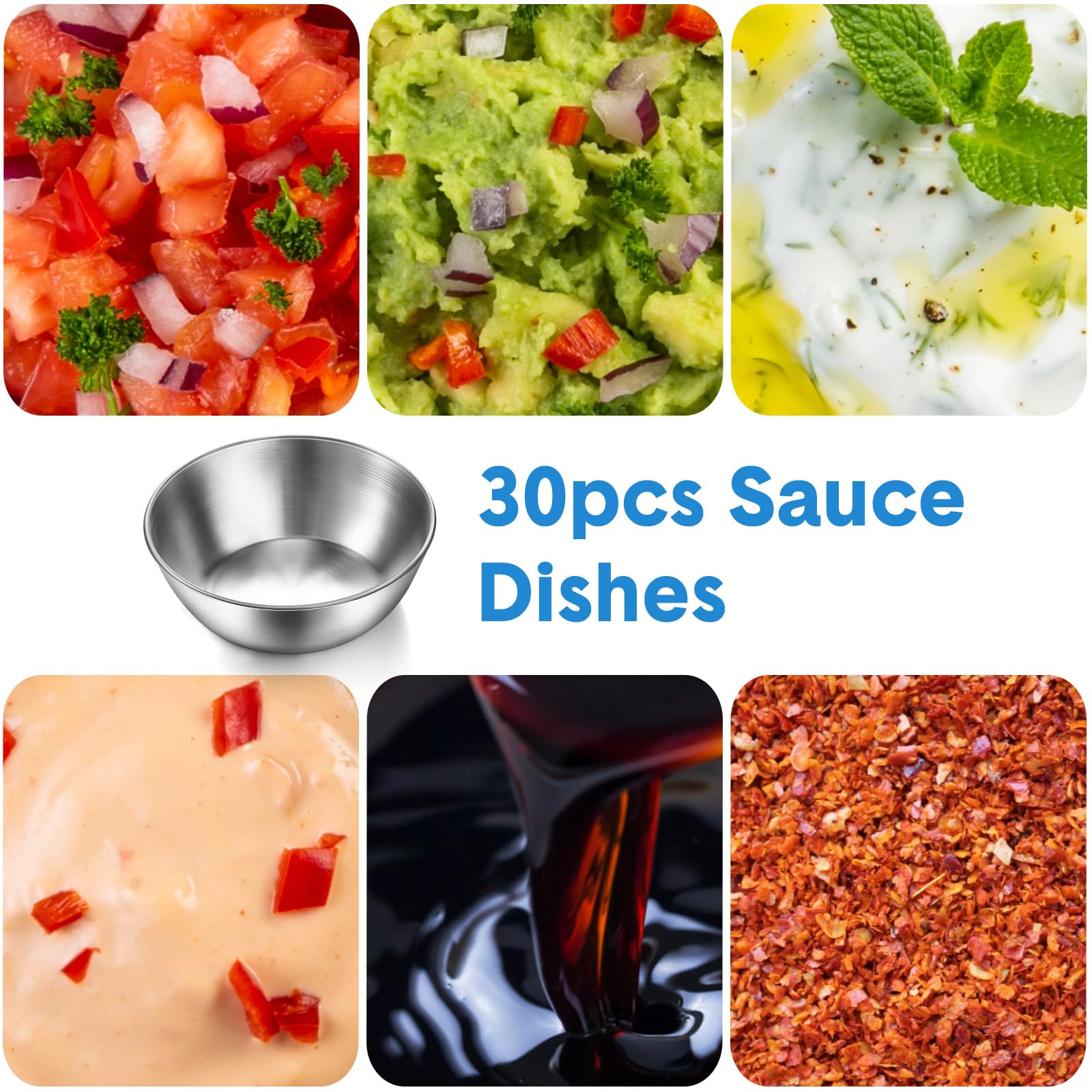 Mimorou Paquete de 100 cuencos pequeños de acero inoxidable para salsa, 3.3 pulgadas, redondos, para condimentos, sushi, tazones plateados, recipientes de ingredientes de metal para preparar