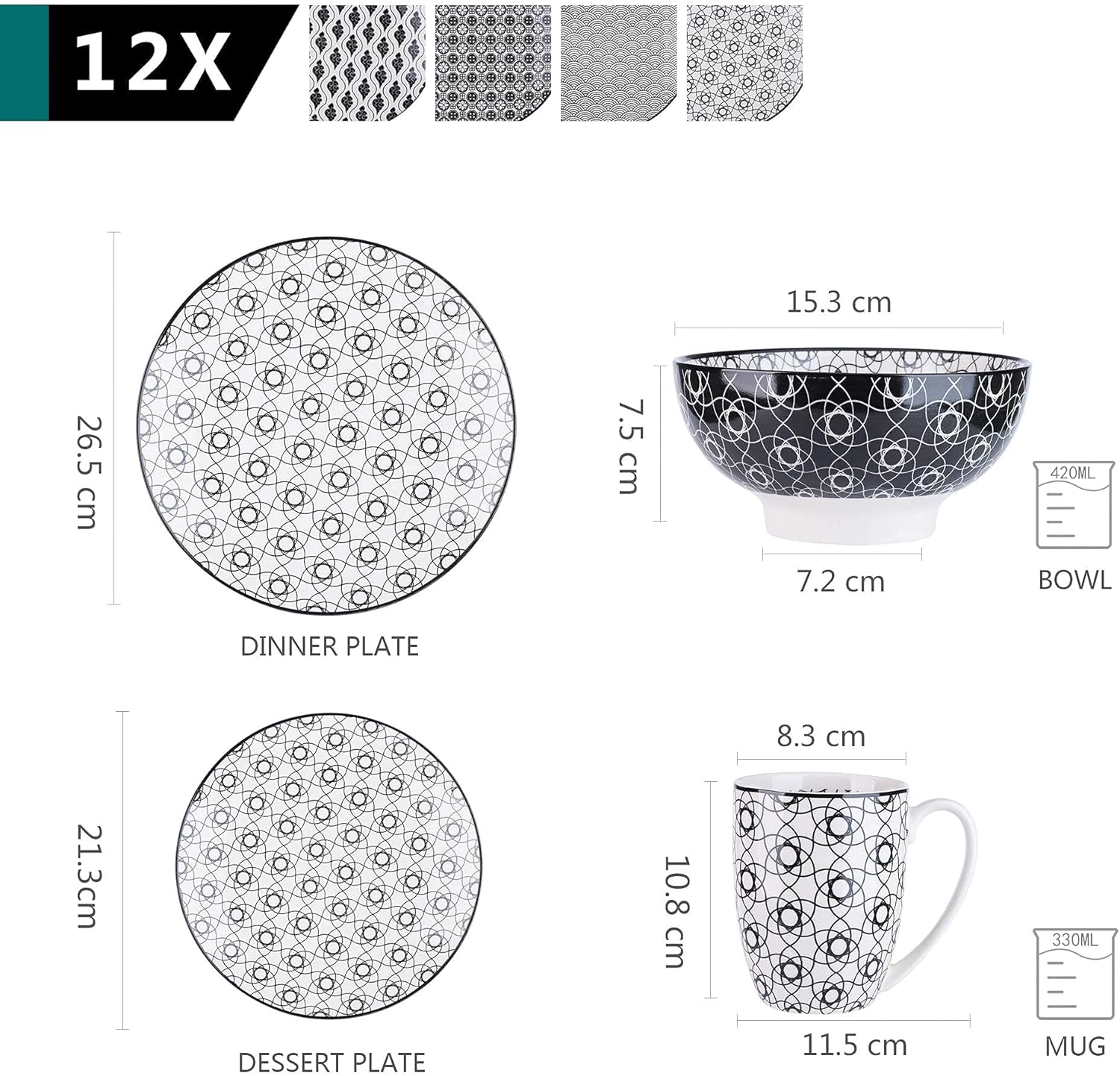  | vancasso Haruka Porcelain Dinner Set for 12, Japanese Style Crockery Black White Dinnerware Tableware, 48 Pieces Dinner Service with Dinner Plates, Dessert Plates, Cereal Bowls and Mug: Dinnerware Sets
