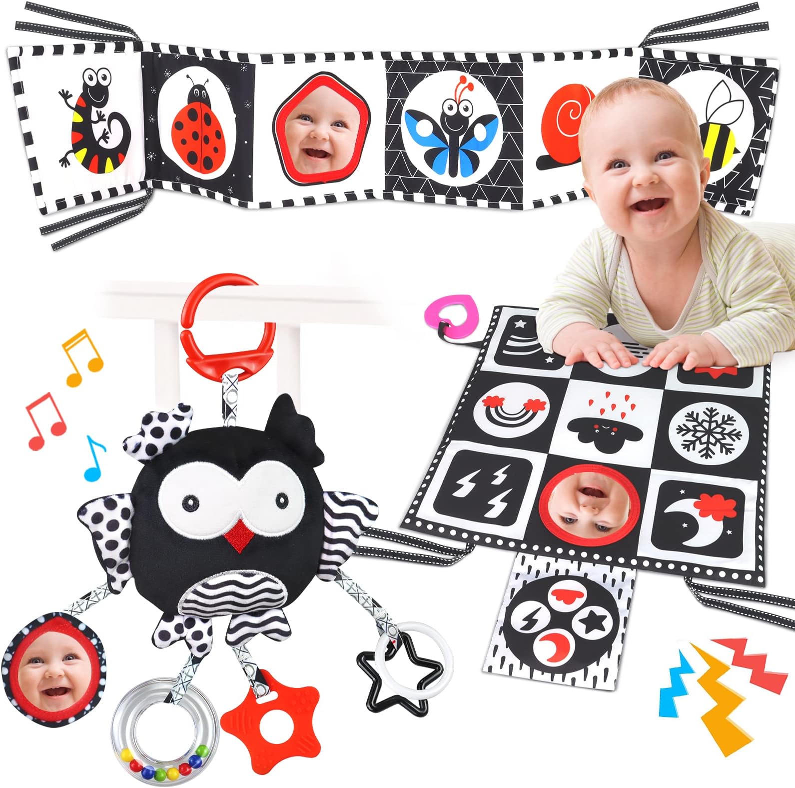 Black and White High Contrast Baby Toys 06 Months with Mirror, Crinkle