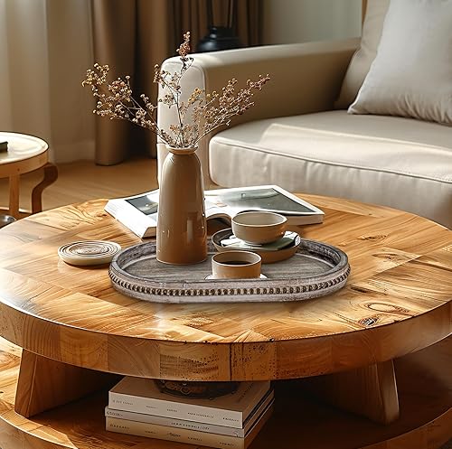 Miniatura 6 de MAONAME Bandeja de madera para servir, bandeja de madera de granja para mesa de café, bandejas ovaladas con cuentas, bandejas decorativas marrón