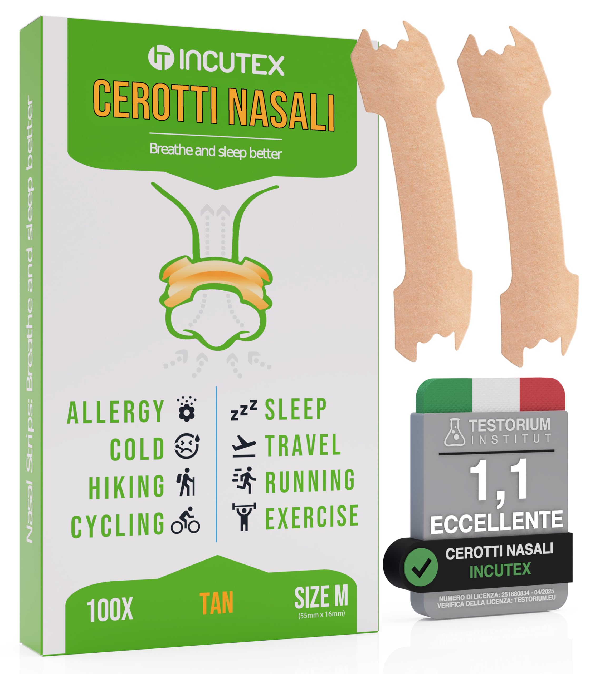 Incutex 100x cerotti nasali per non russare cerotti per naso antirussamento per respirare meglio, taglia M, 55x17 mm