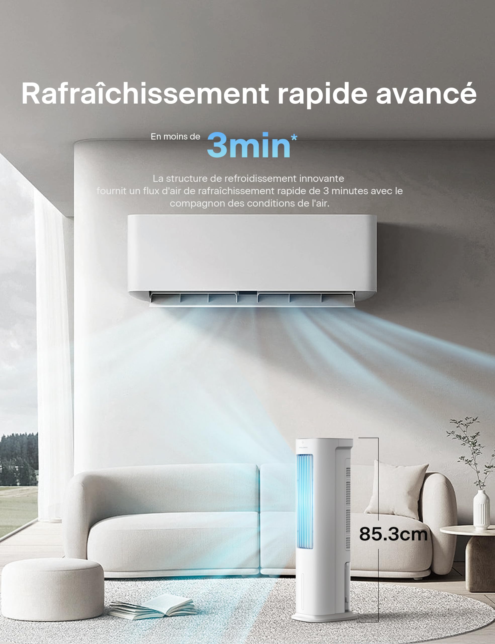 PELONIS Refroidisseur d'Air par Évaporation, Climatiseur Mobile, 5L avec Télécommande, 355m³/h, Sans Tuyau d'Évacuation