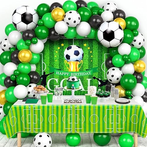 Winrayk Suministros de decoración de fiesta de cumpleaños de fútbol para niños, kit de guirnalda de arco de globos de fútbol con mantel de fondo de