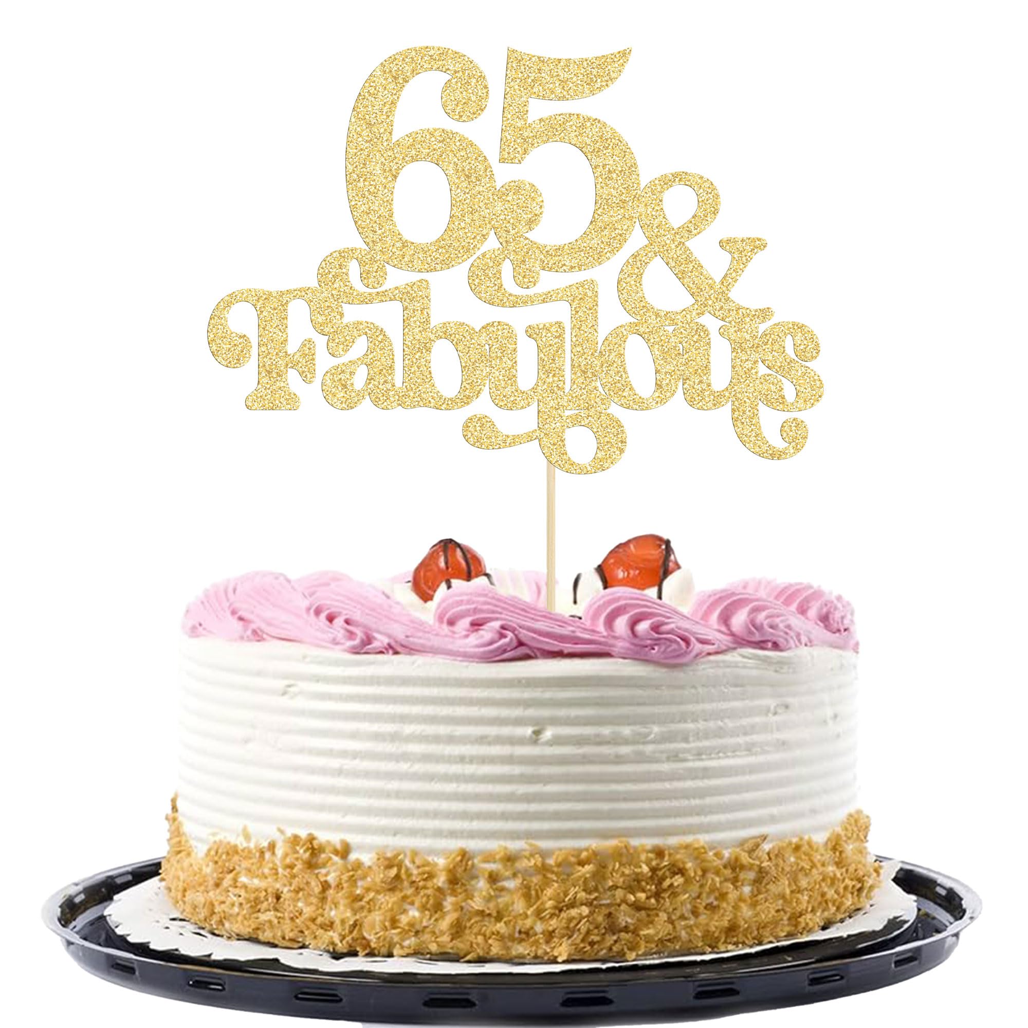 Ephlyn 1Pc 65 & Fabulous Cake Topper Glitter Sixty Five and Fabulous Cake Toppers Happy 65th Birthday Cake Pick for 65th Wedding Anniversary Birthday Party Decorations Supplies Gold