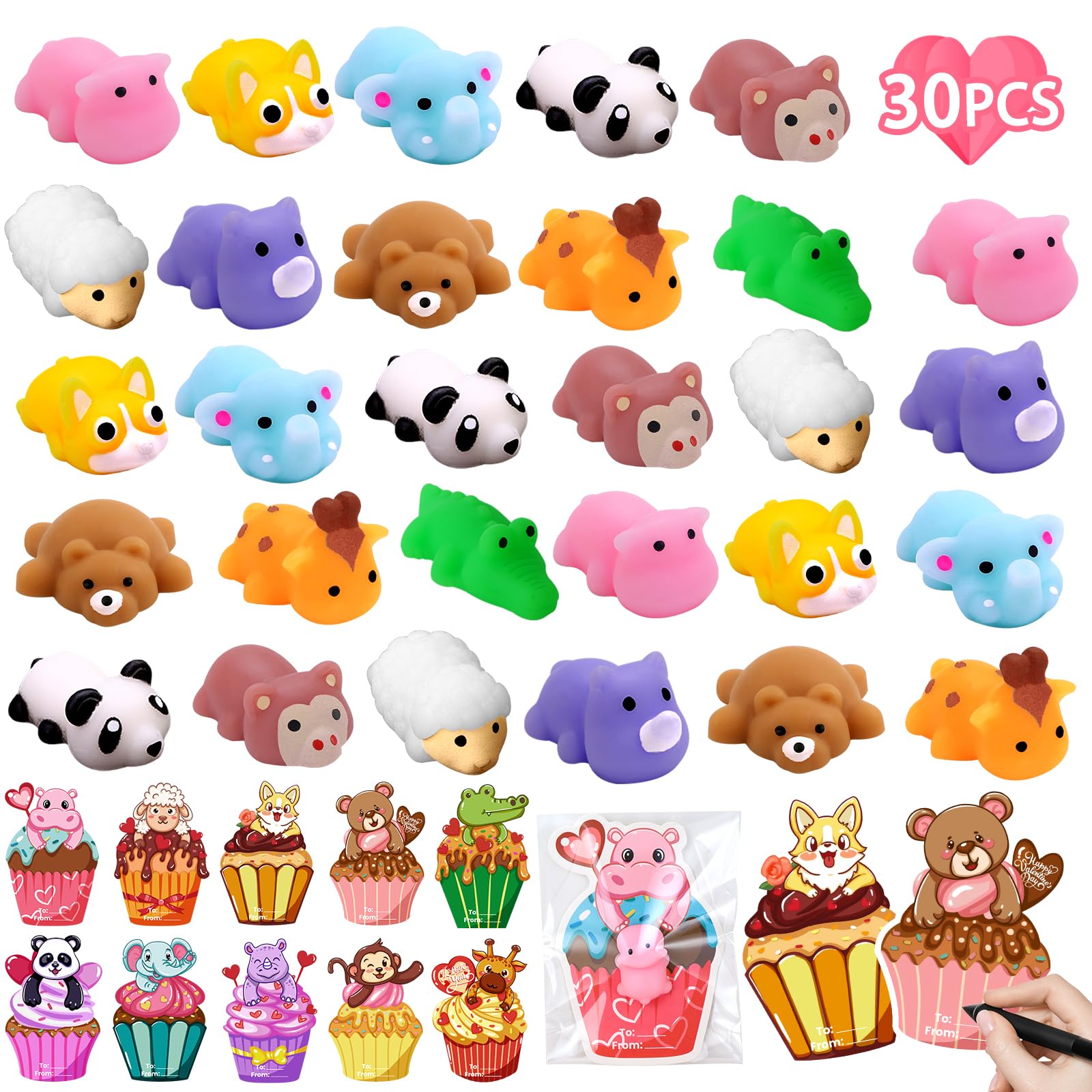 DIYDECValentines Squishy Toys, 30pcs Mini Cute Valentine’s Day Animal Mochi Squishy Toys Kawaii Sheep Elephants Stress Squeeze Fidget Toys with Cards for Kids Valentine’s Day Classroom Exchange Prize