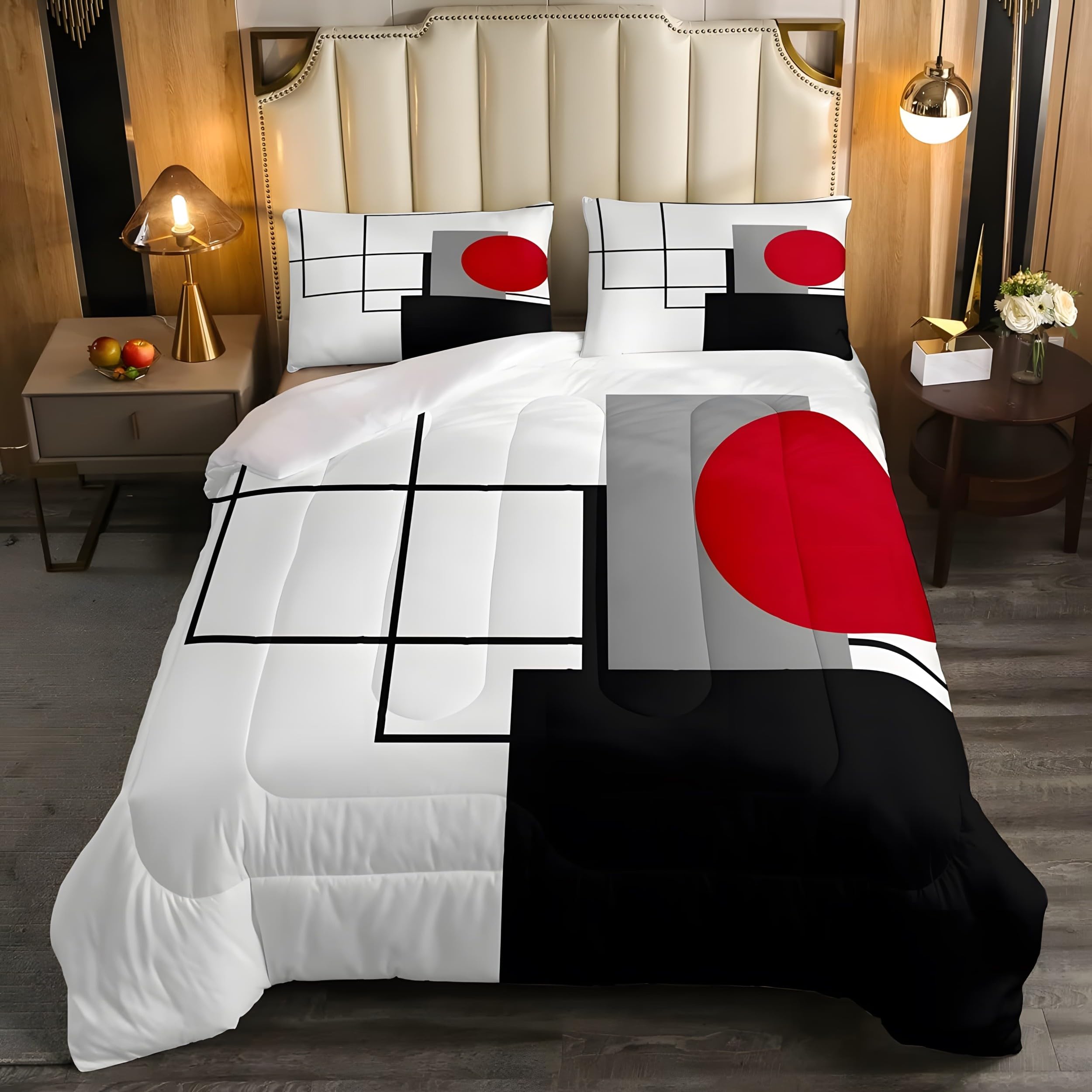 Edredon Cama 135/150 Negra, Rojo, Gris y Blanco, Edredón Nórdico 4 Estaciones 240x220cm, Colcha Transpirable de Microfibra Lavable Cuadrados Geométricos, 2 Fundas de Almohada sm1919