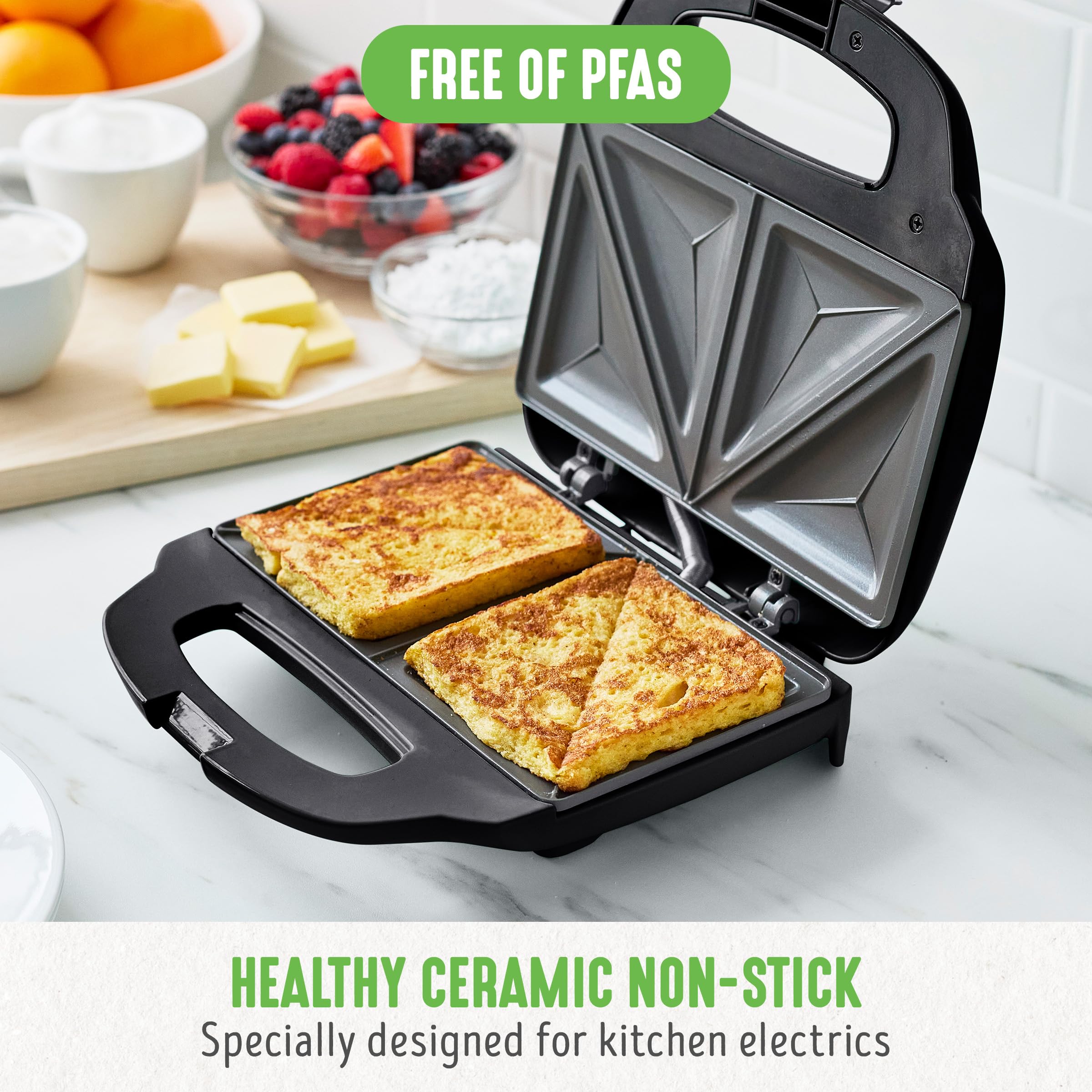 GreenChef Elektryczna prasa do Panini 3 w 1, gofry i kanapki, zdejmowane płyty ceramiczne, bez PFAS lub BPA, gryzak, zmywarka, wielofunkcyjna, kontrolowana temperaturą, czarna